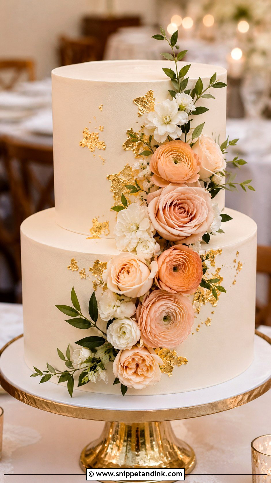 Two Tier Wedding Cake With Floral Cascade And Gold Leaf - Snippet and Ink - 25 Two Tiered Wedding Cake Ideas with Flowers