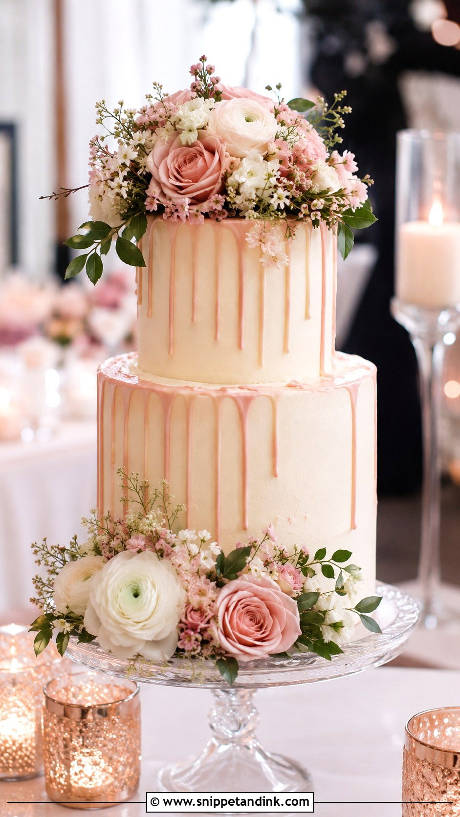 Two Tier Wedding Cake With Floral Drip - Snippet and Ink - 25 Two Tiered Wedding Cake Ideas with Flowers