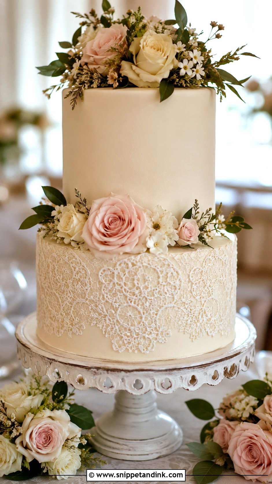 Two Tier Wedding Cake With Floral Lace - Snippet and Ink - 25 Two Tiered Wedding Cake Ideas with Flowers