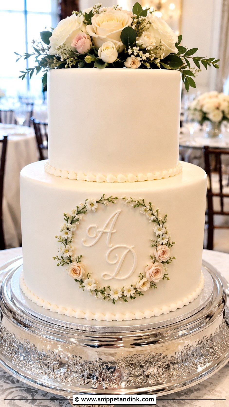 Two Tier Wedding Cake With Floral Monogram - Snippet and Ink - 25 Two Tiered Wedding Cake Ideas with Flowers