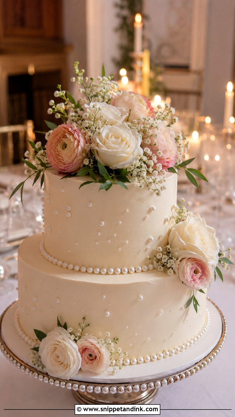 Two Tier Wedding Cake With Floral Pearls - Snippet and Ink - 25 Two Tiered Wedding Cake Ideas with Flowers