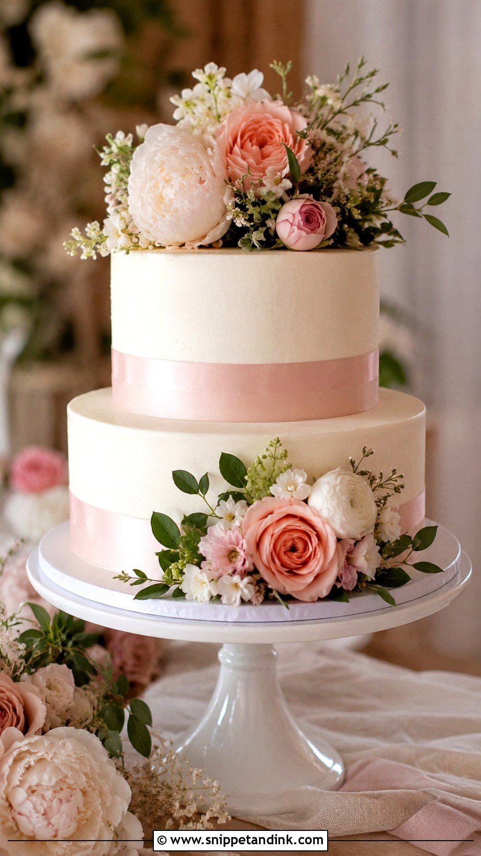 Two Tier Wedding Cake With Floral Ribbon - Snippet and Ink - 25 Two Tiered Wedding Cake Ideas with Flowers