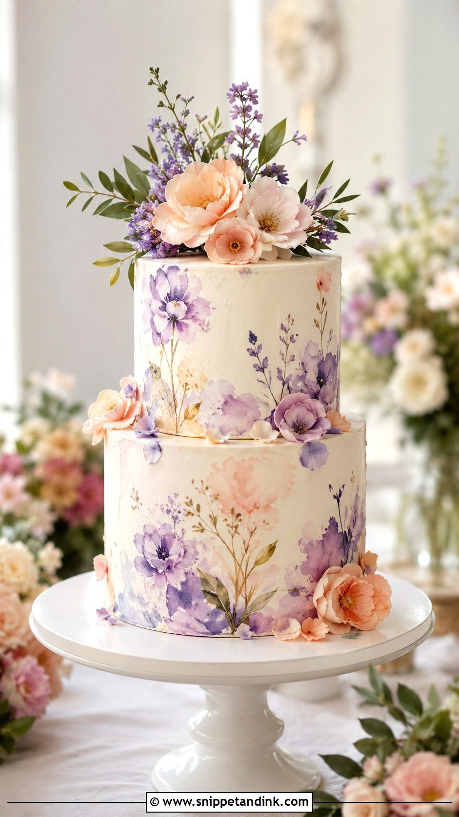 Two Tier Wedding Cake With Floral Watercolor - Snippet and Ink - 25 Two Tiered Wedding Cake Ideas with Flowers