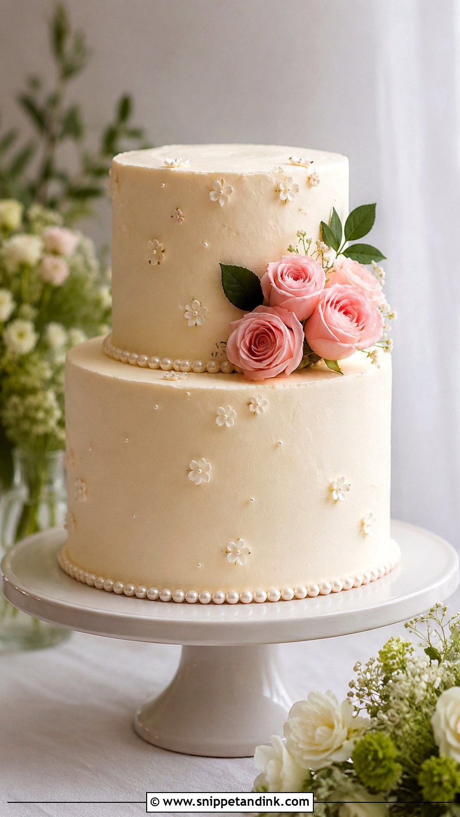 Two Tier Wedding Cake With Flowers And Pearls - Snippet and Ink - 30 Wedding Cake Ideas with Flowers and Pearls