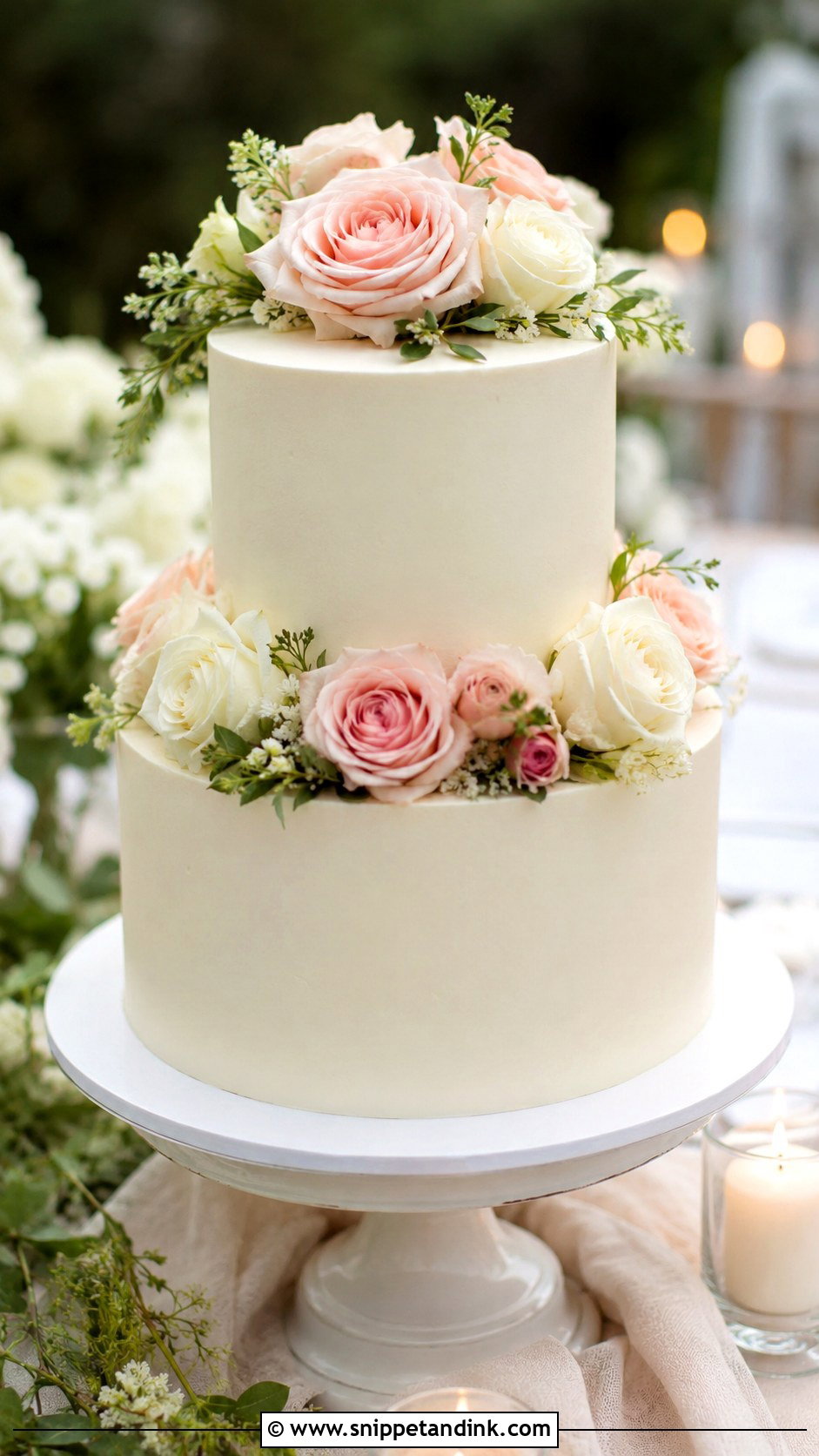 Two Tier Wedding Cake With Fresh Roses - Snippet and Ink - 25 Two Tiered Wedding Cake Ideas with Flowers
