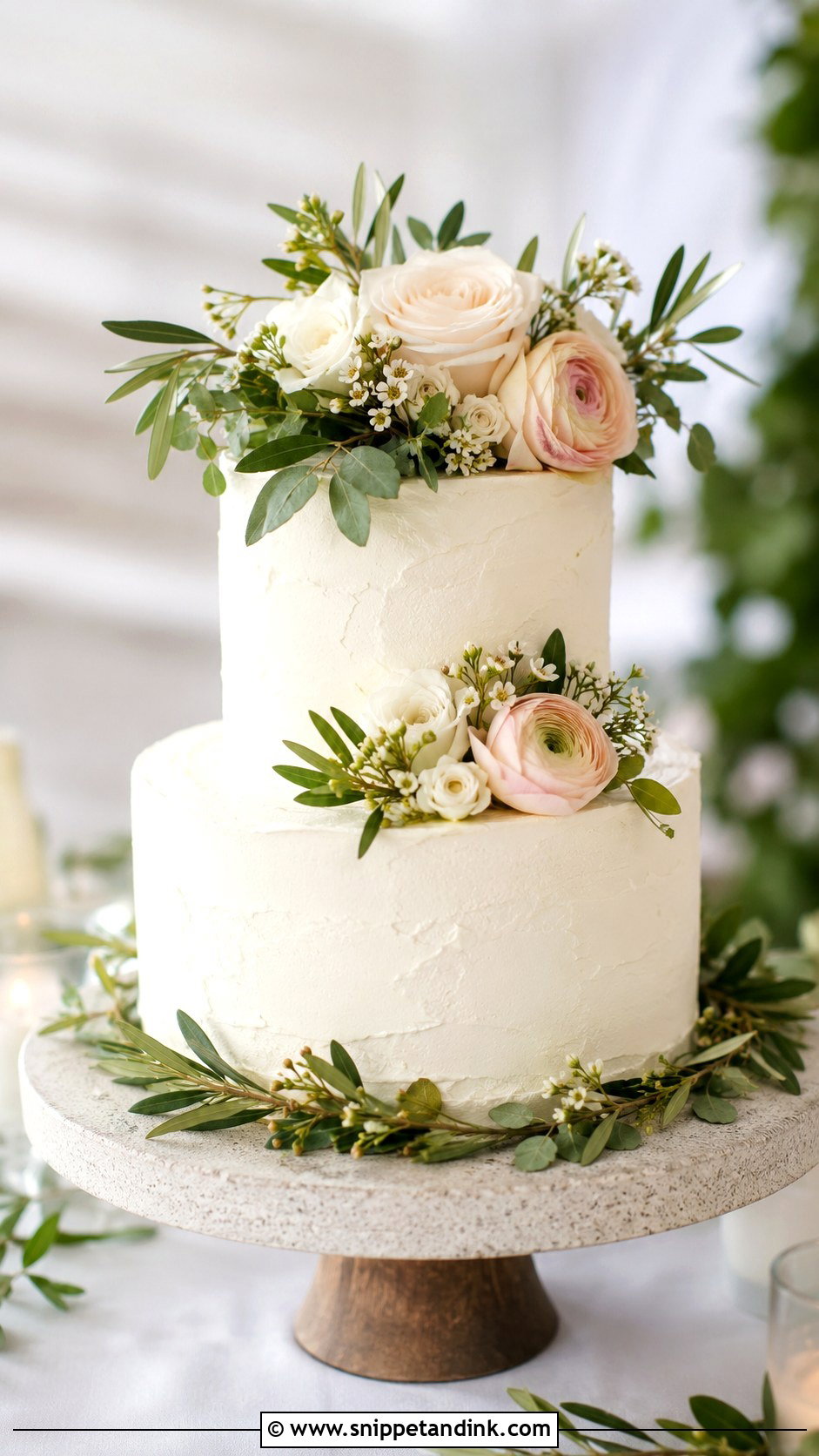 Two Tier Wedding Cake With Greenery And Flowers - Snippet and Ink - 25 Two Tiered Wedding Cake Ideas with Flowers