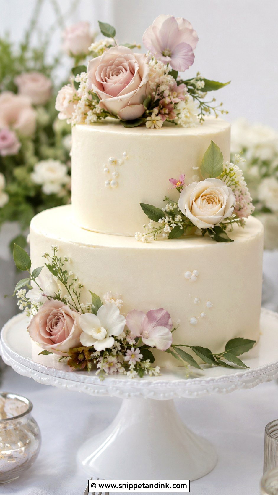 Two Tier Wedding Cake With Pastel Flowers - Snippet and Ink - 20 Wedding Cake Ideas with Pastel Flowers