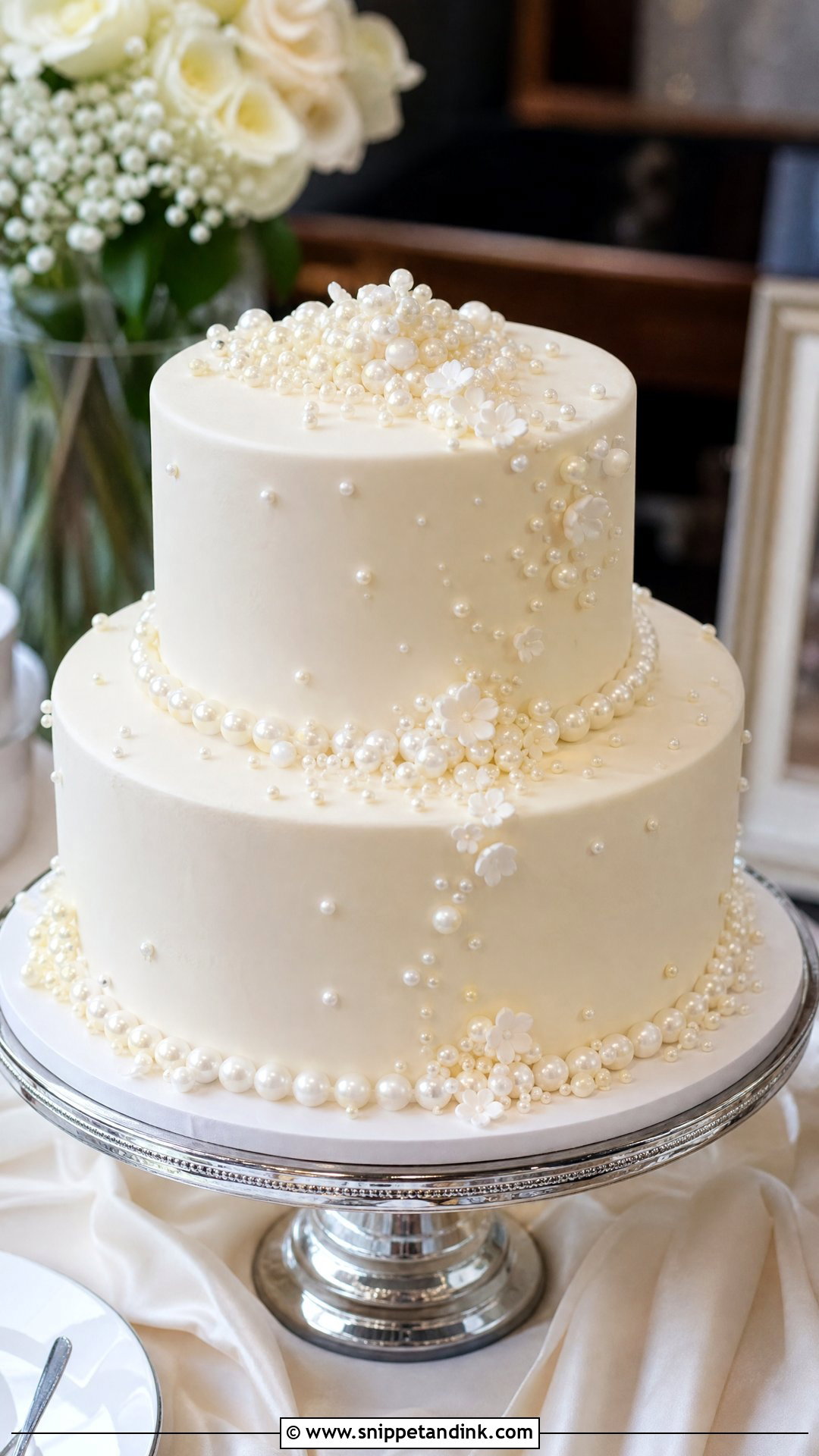 Two Tier Wedding Cake With Pearls - Snippet and Ink - 25 Two Tier Wedding Cake Ideas