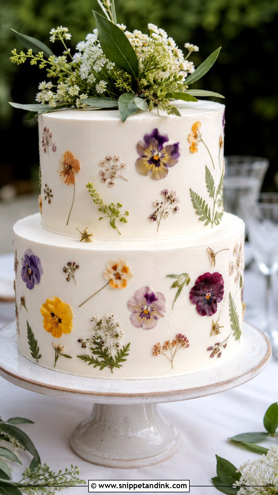 Two Tier Wedding Cake With Pressed Flowers - Snippet and Ink - 25 Two Tiered Wedding Cake Ideas with Flowers