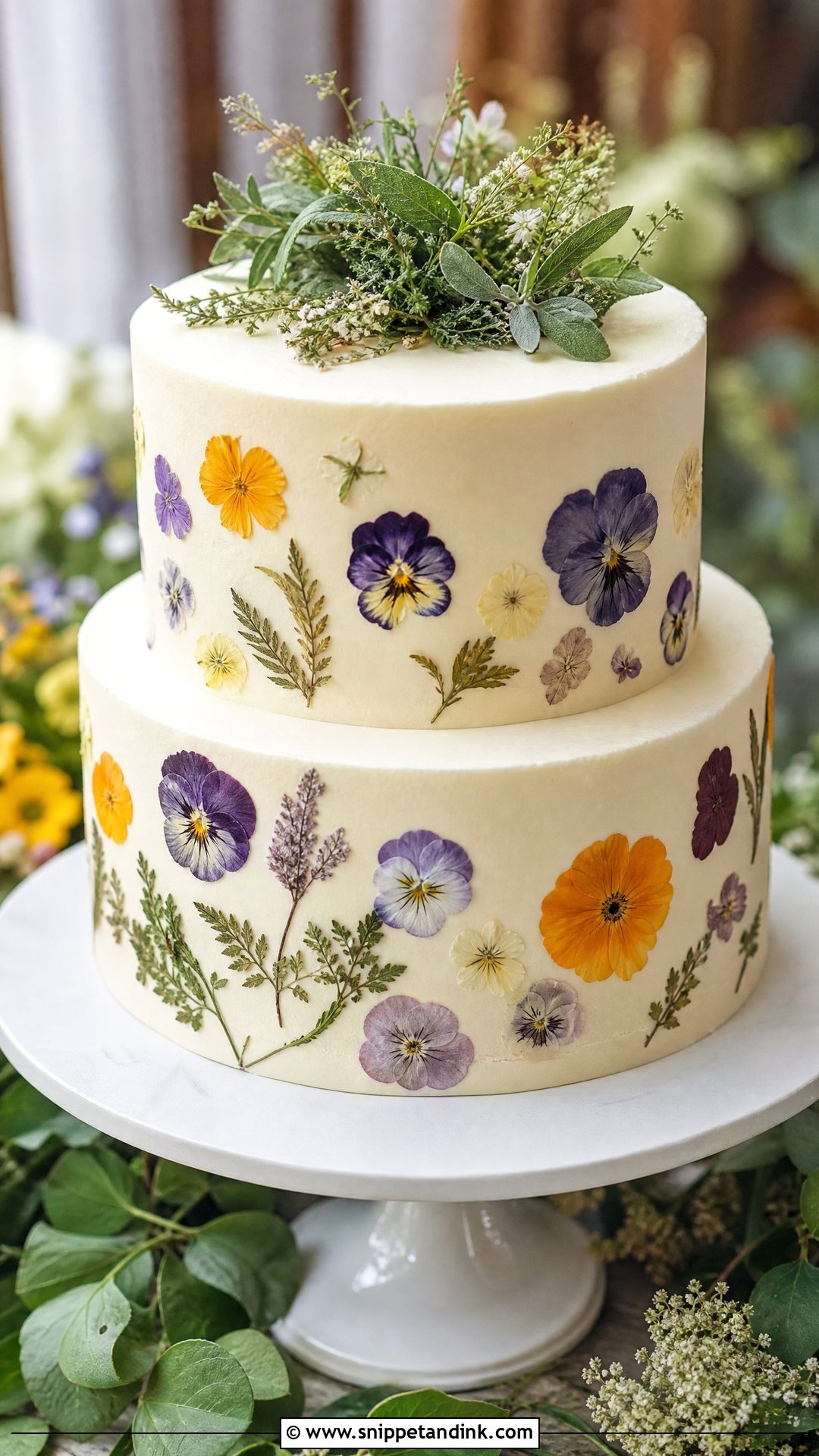 Two Tier Wedding Cake With Pressed Flowers - Snippet and Ink - 25 Two Tier Wedding Cake Ideas