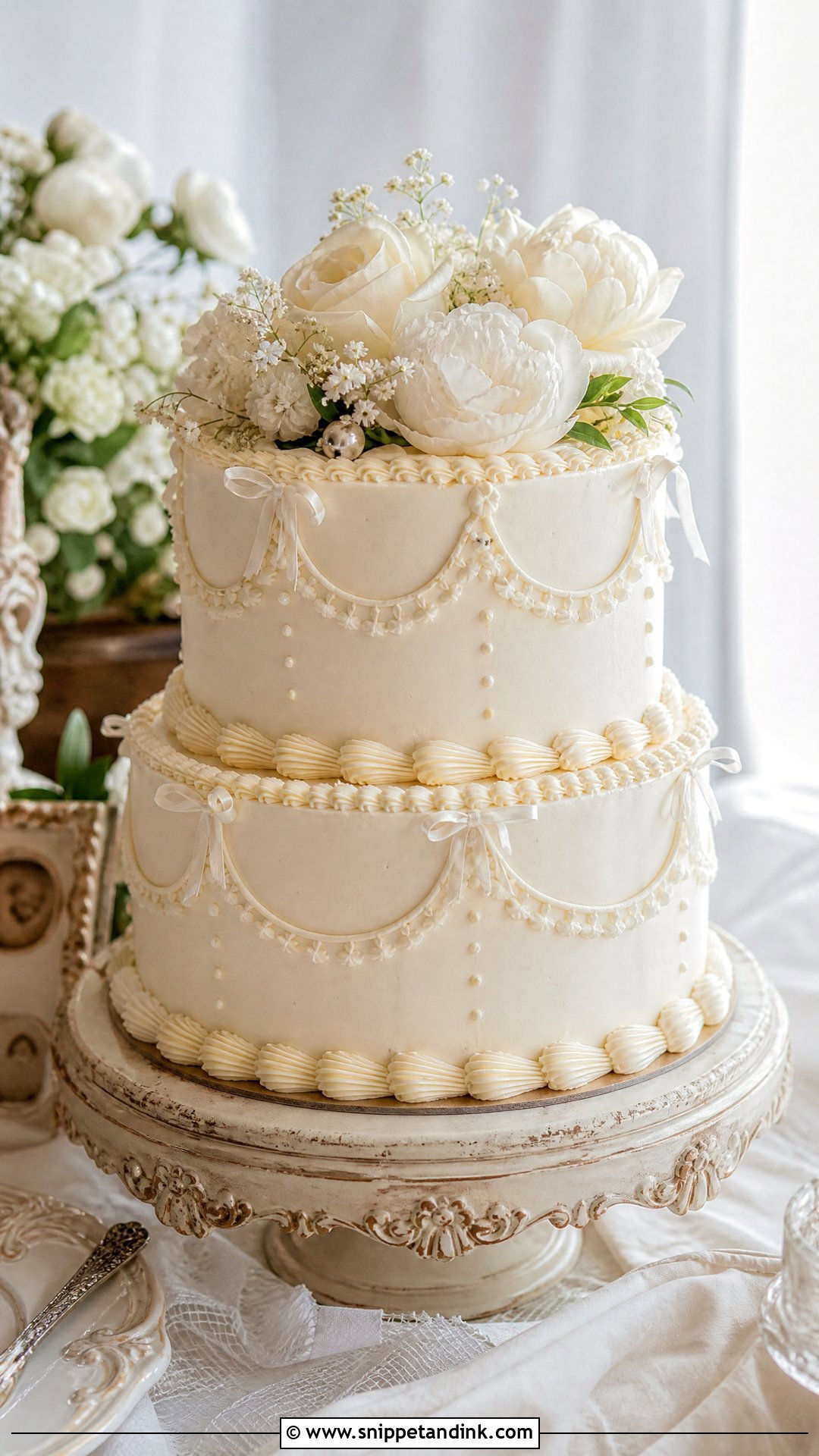 Two Tier Wedding Cake With Vintage Piping - Snippet and Ink - 25 Two Tier Wedding Cake Ideas