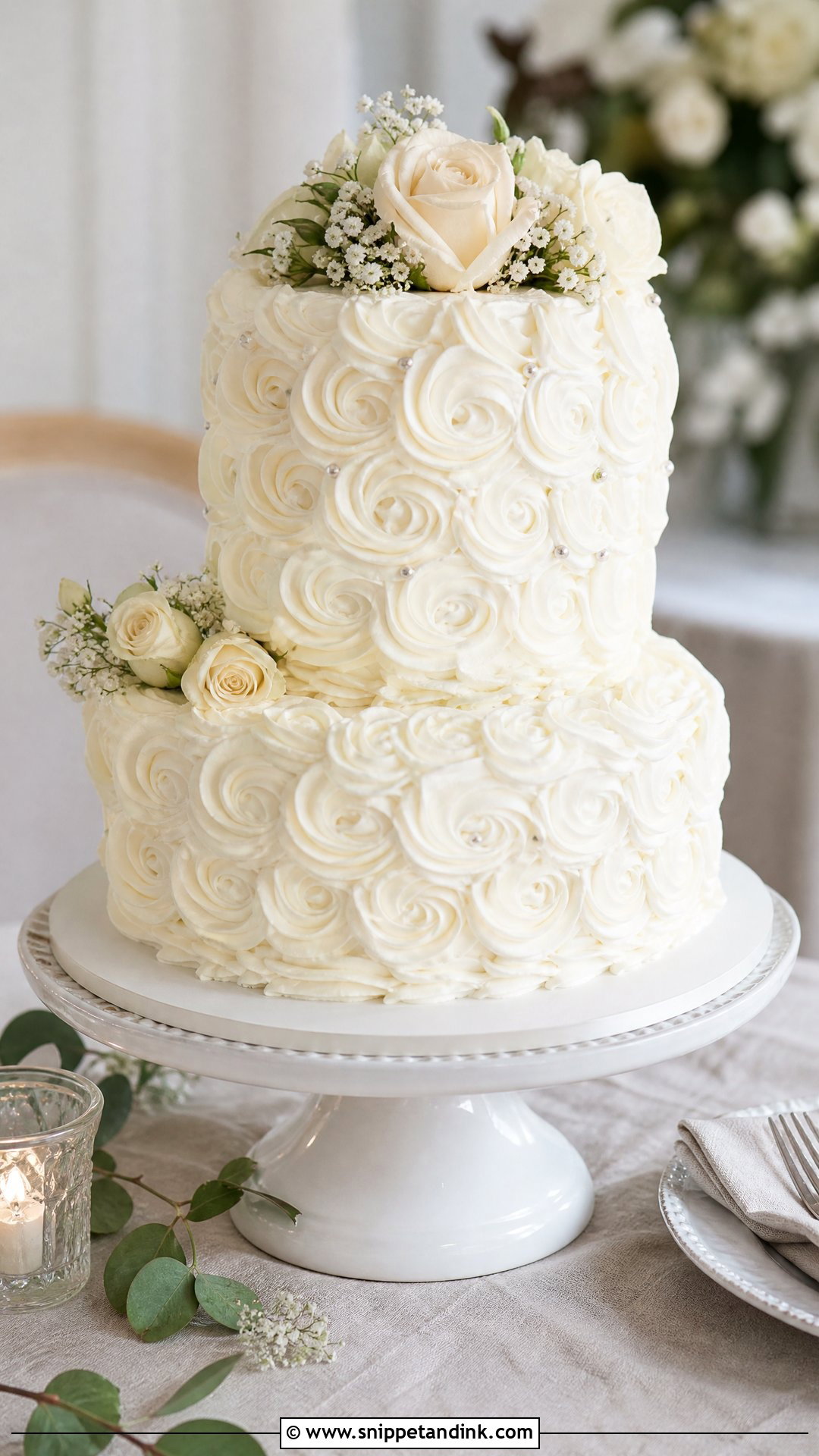 Two Tier White Rosette Wedding Cake - Snippet and Ink - 20 White Rosette Cake Ideas for Wedding