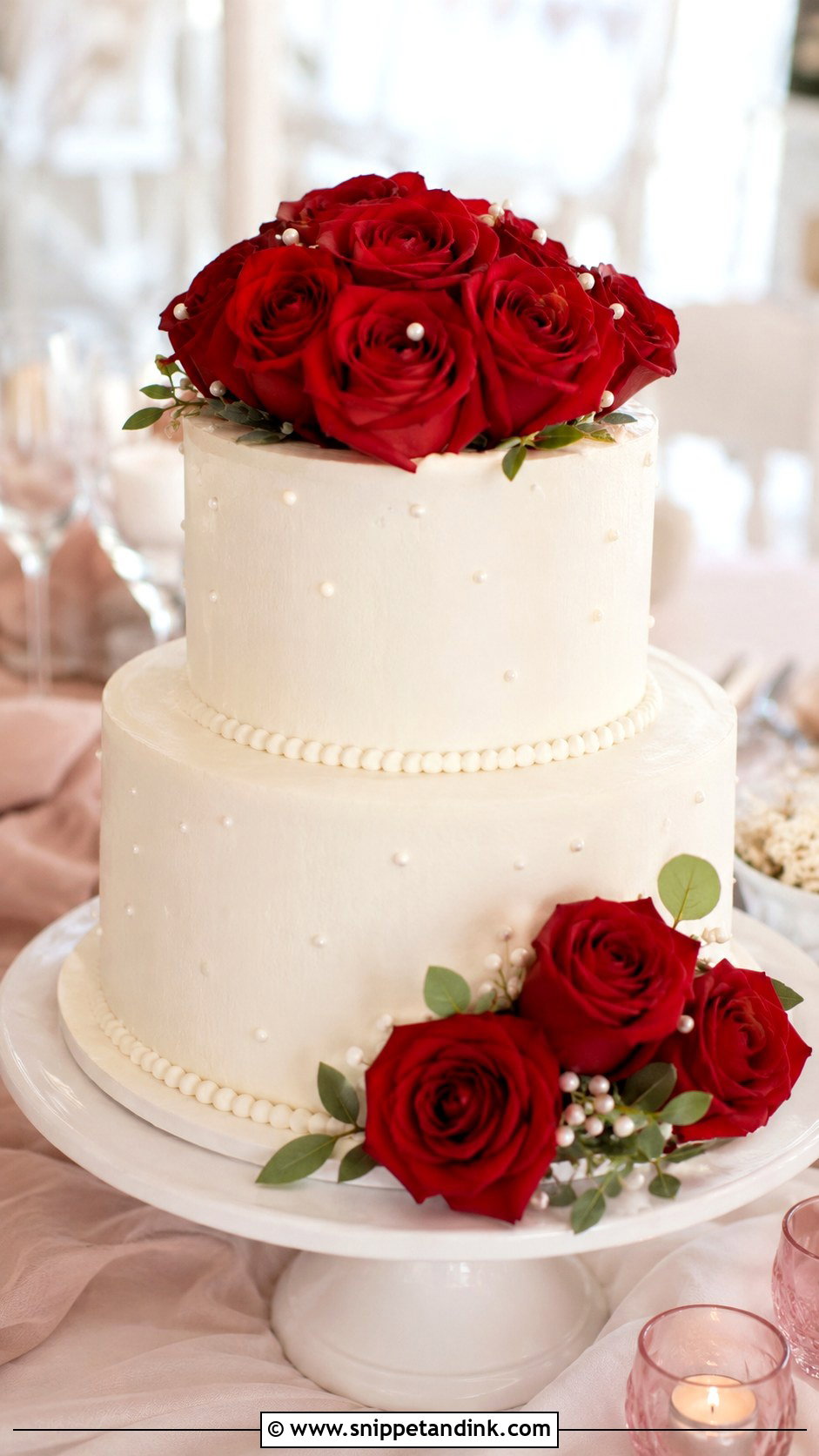 Two Tier White Wedding Cake With Red Roses - Snippet and Ink - 30 White Wedding Cake Ideas with Red Roses