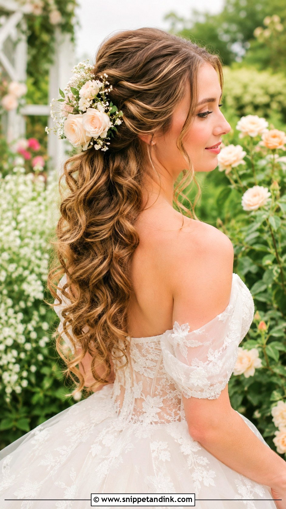Updo With Cascading Curls and Florals - Snippet and Ink - 20 Garden Wedding Hairstyles