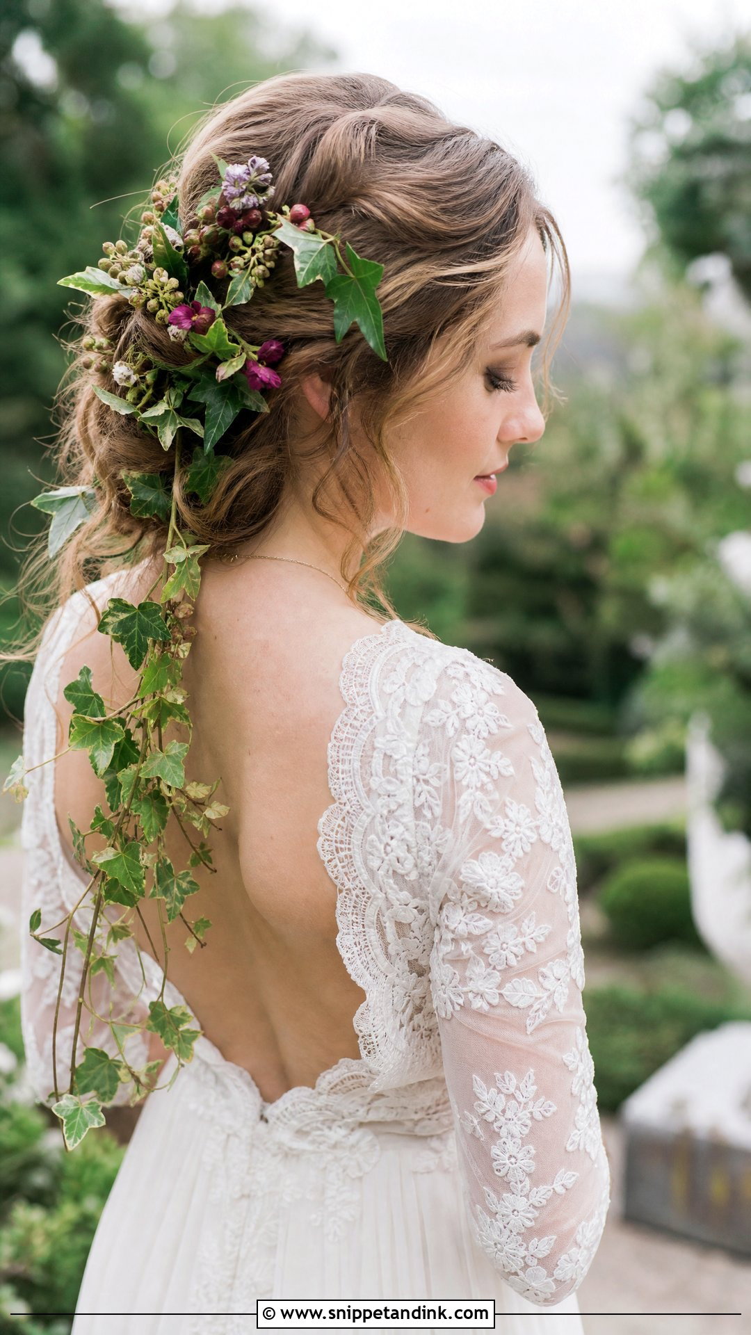 Updo With Trailing Greenery And Buds - Snippet and Ink - 20 Bridal Hairstyles with Flowers