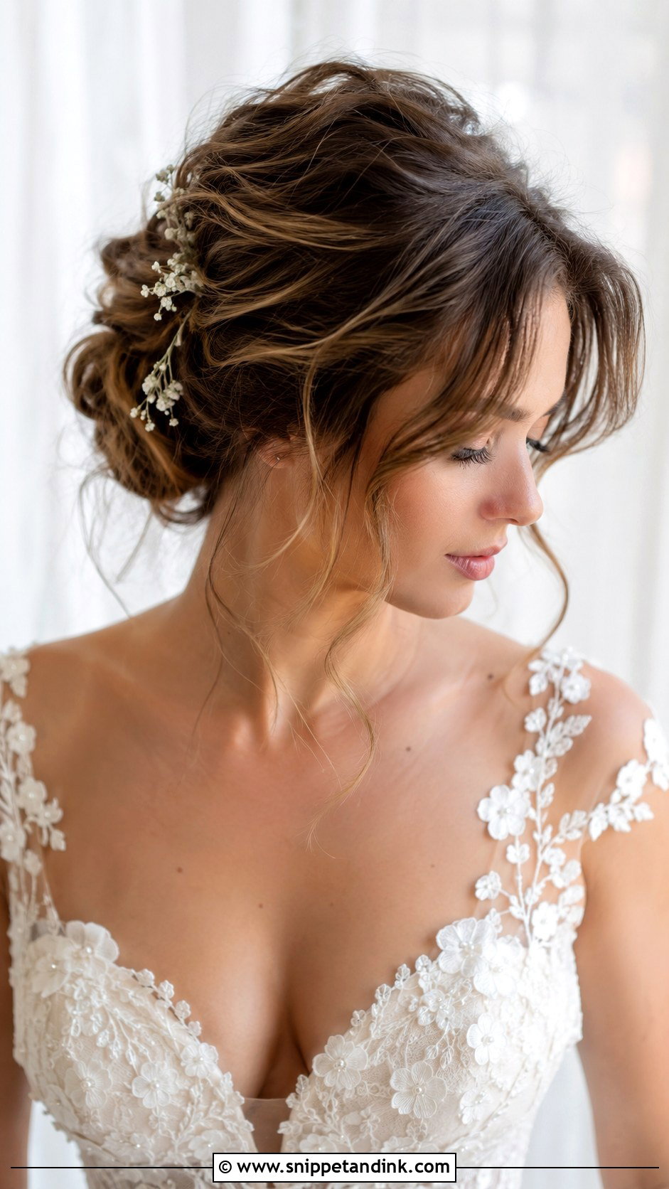 Updo with Tendrils and Curtain Bangs - Snippet and Ink - 25 Bridal Hairstyles with Bangs