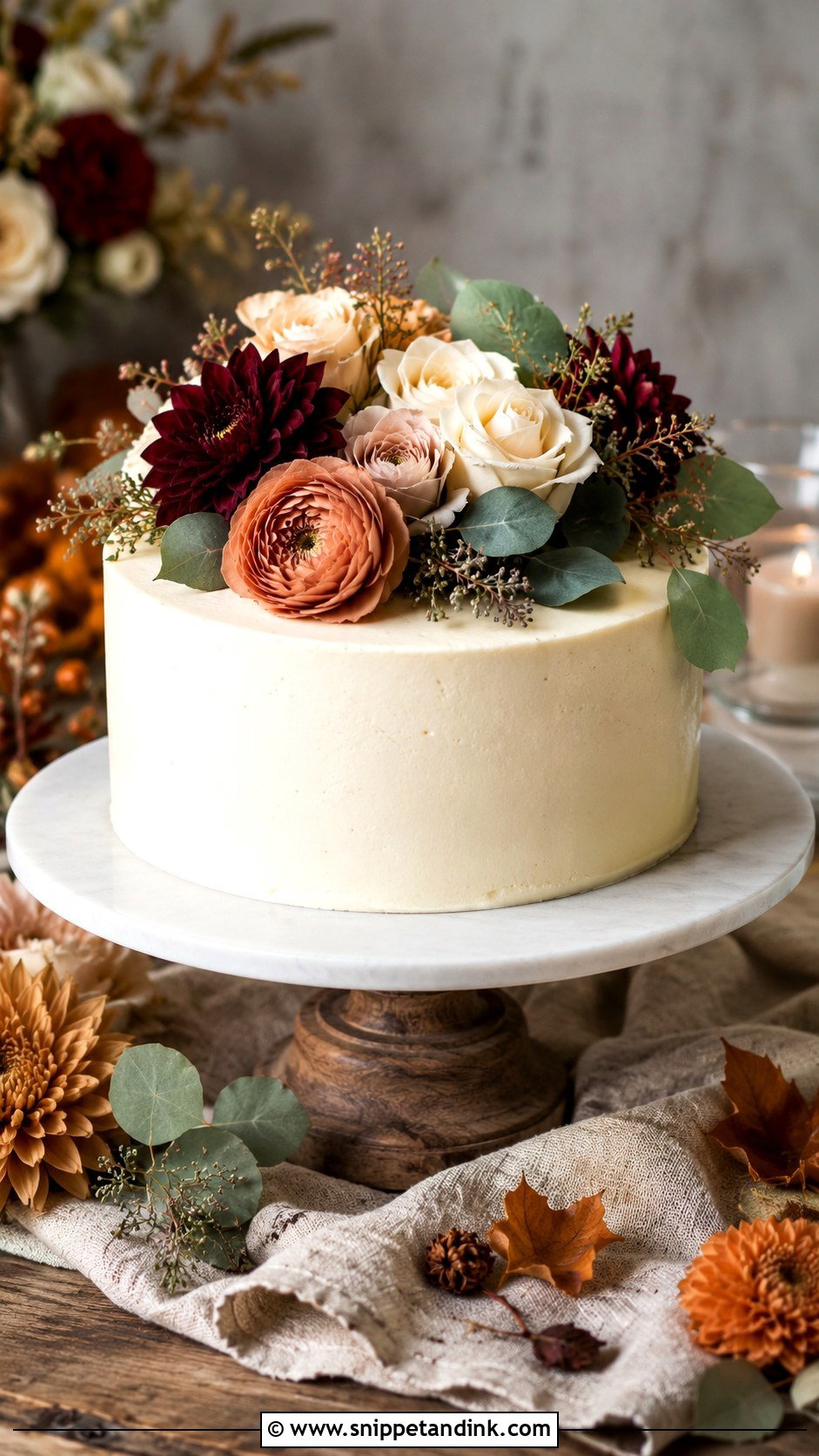 Vanilla Bean Single Tier Wedding Cake With Fall Flowers - Snippet and Ink - 30 Rustic Fall Single Tier Wedding Cake Ideas