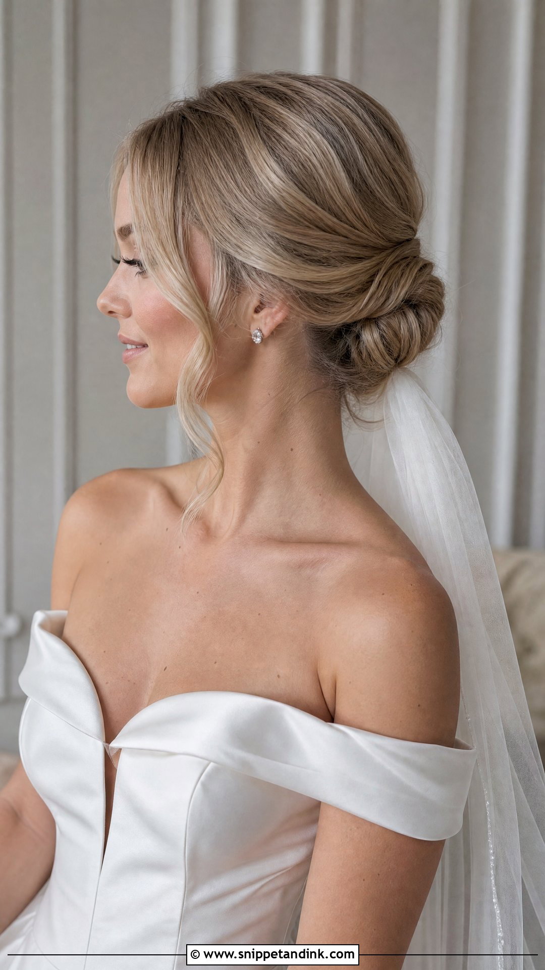 Veil Updo Wedding Hairstyle For Off The Shoulder Dress - Snippet and Ink - 20 Off the Shoulder Wedding Hairstyles