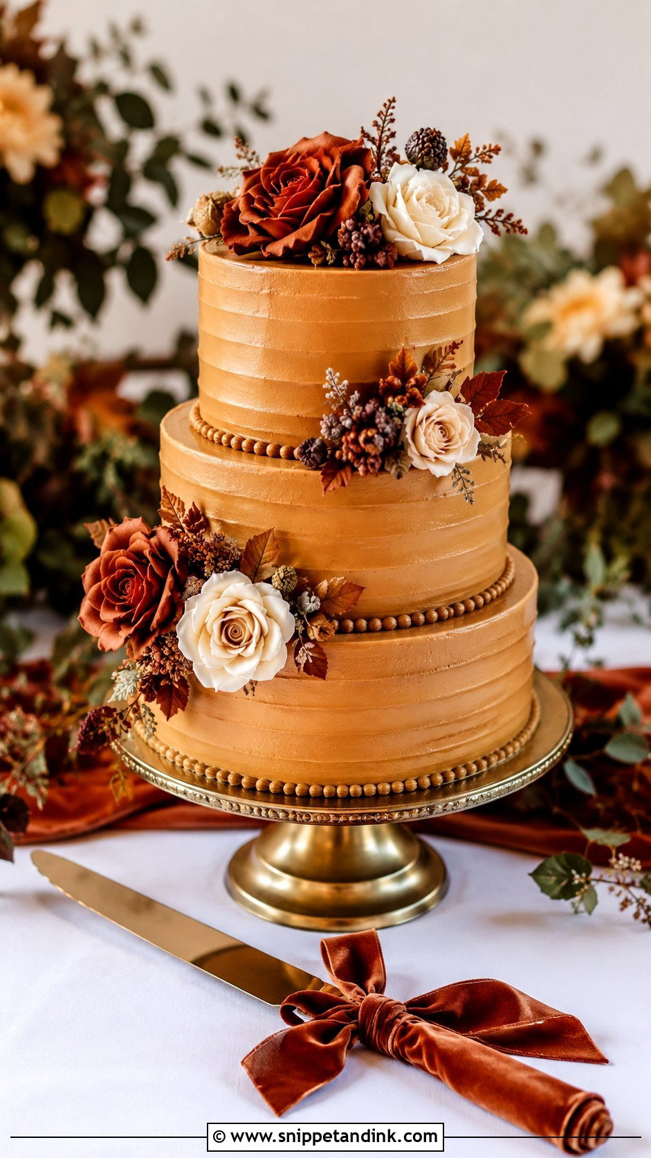 Velvet Ribbon Wedding Cake Knife With Fall Wedding Cake - Snippet and Ink - 30 Wedding Cake Knife Decoration Ideas