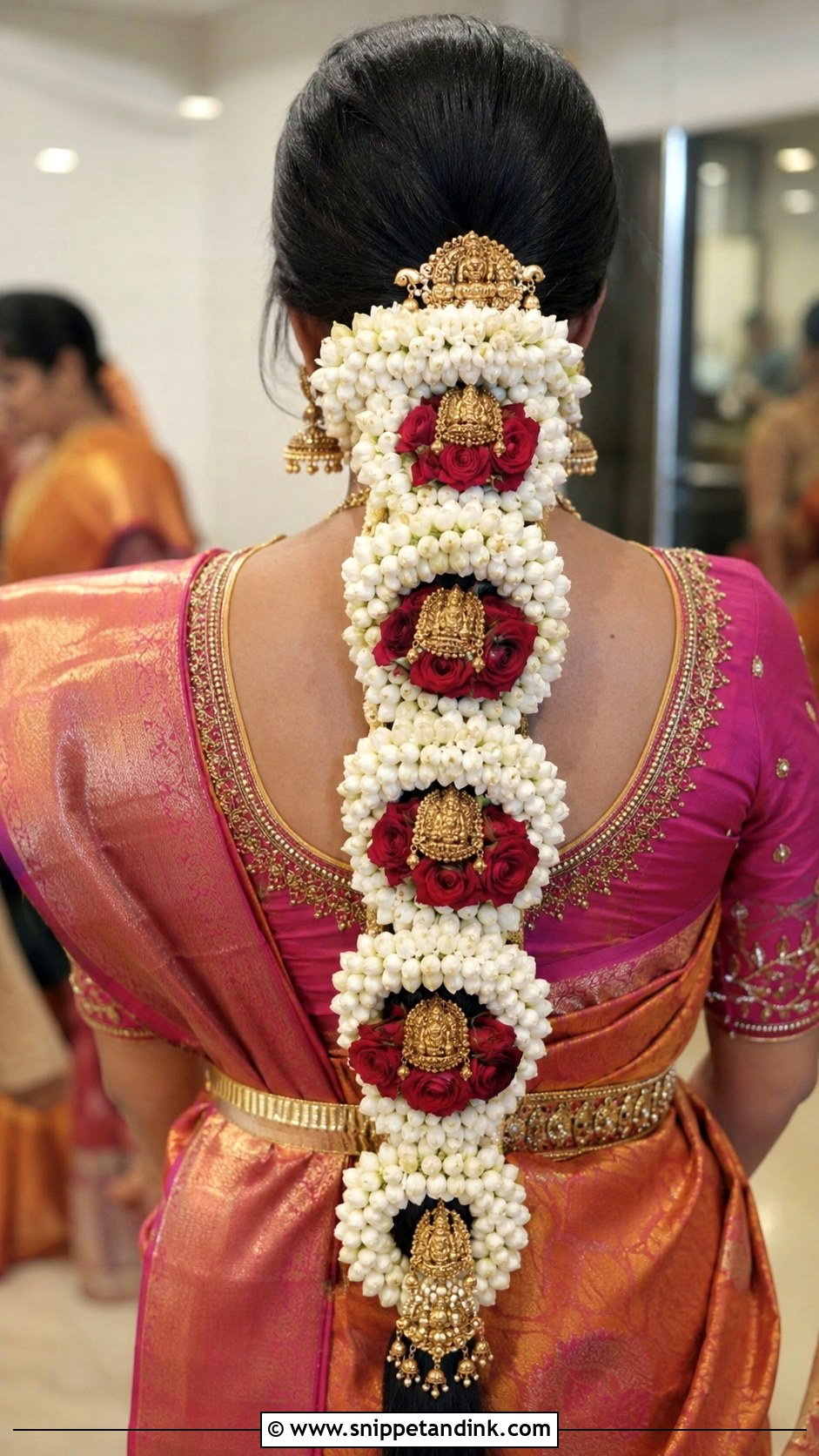Veni Jadai with Temple Jewelry - Snippet and Ink - 20 Flower Veni for Hair Indian Brides Ideas