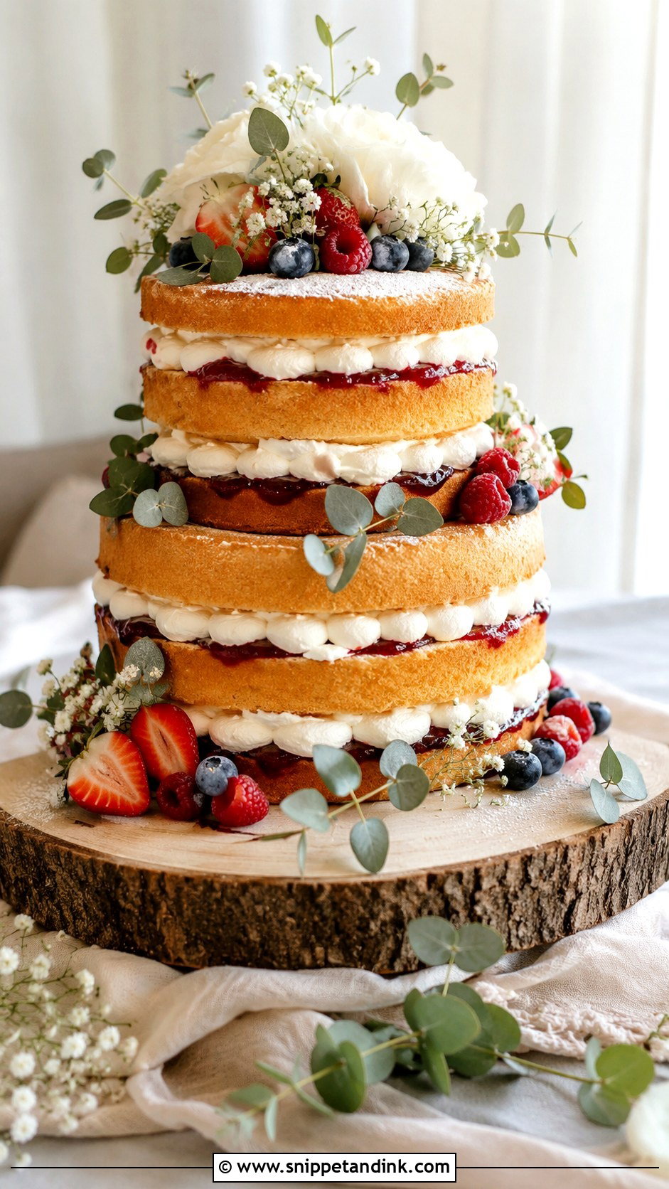 Victoria Sponge Wedding Cake On Wood Stand - Snippet and Ink - 20 Rustic Victoria Sponge Wedding Cake Ideas