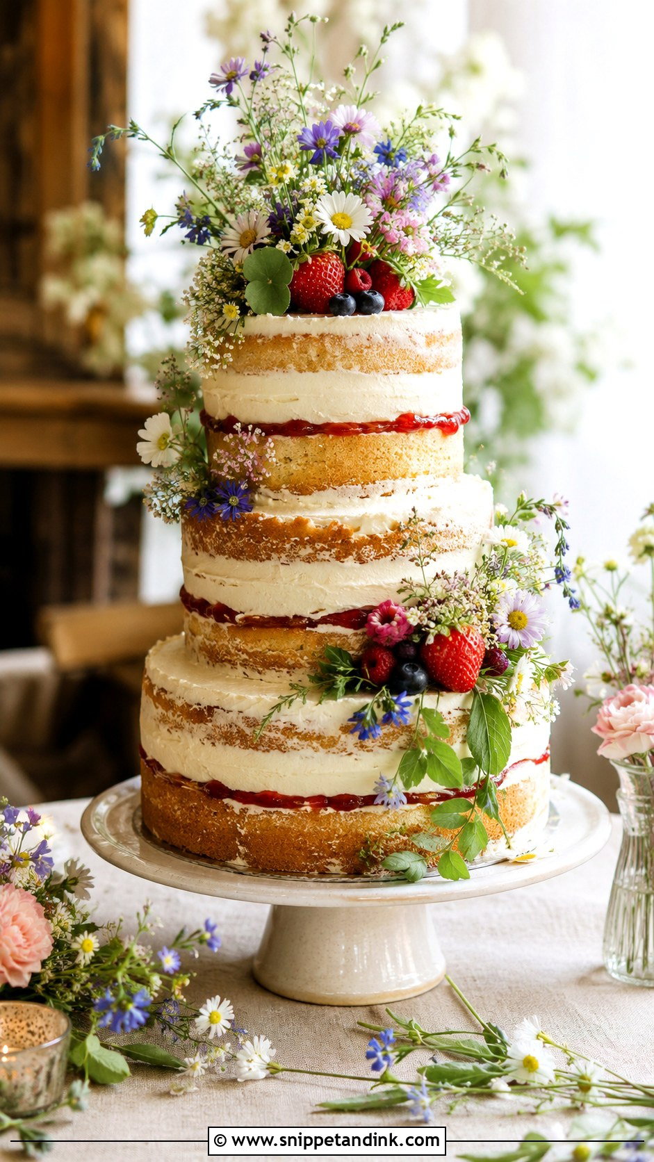 Victoria Sponge Wedding Cake With Wildflowers - Snippet and Ink - 20 Rustic Victoria Sponge Wedding Cake Ideas