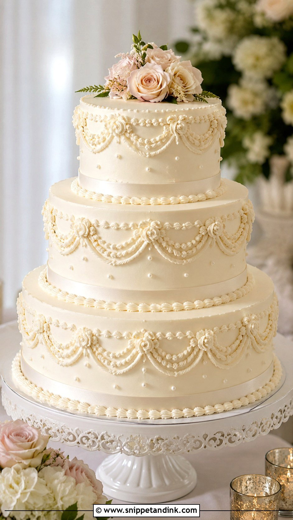 Vintage 3 Tier Wedding Cake With Piping - Snippet and Ink - 20 3 Wedding Cakes Display Ideas