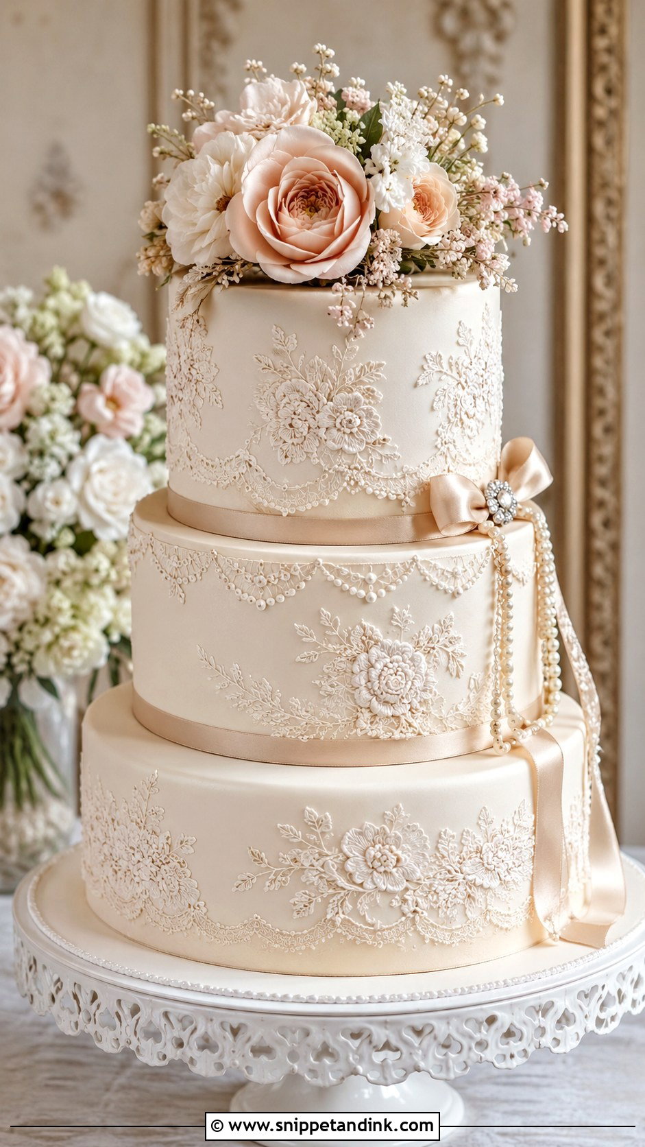 Vintage Brush Embroidery Wedding Cake - Snippet and Ink - 20 Brush Embroidery Wedding Cake Ideas