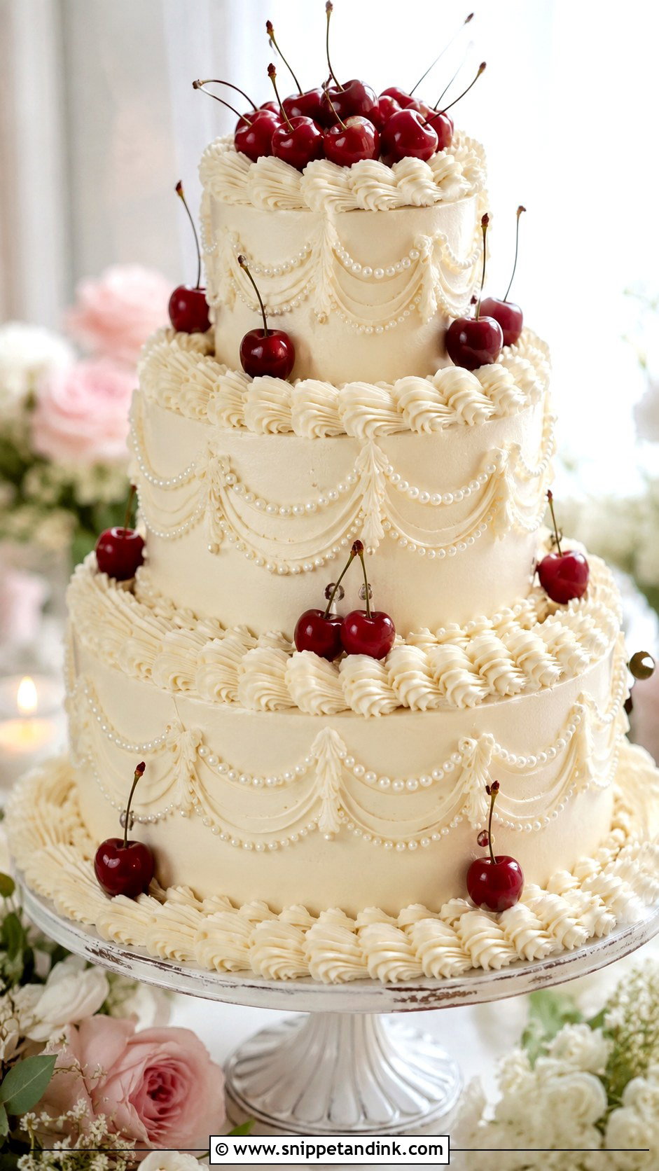 Vintage Cherry Lambeth Wedding Cake - Snippet and Ink - 25 Vintage Cherry Wedding Cake Ideas