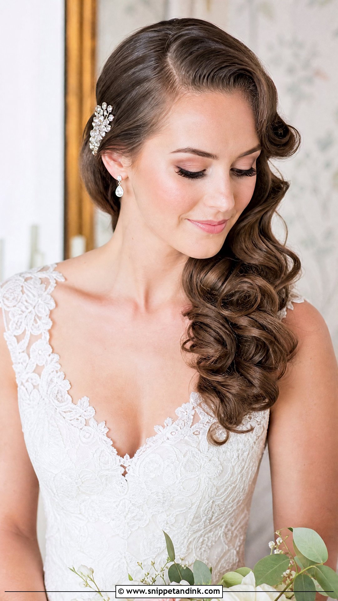 Vintage Curls Over One Shoulder - Snippet and Ink - 20 All Down Wedding Hair Ideas