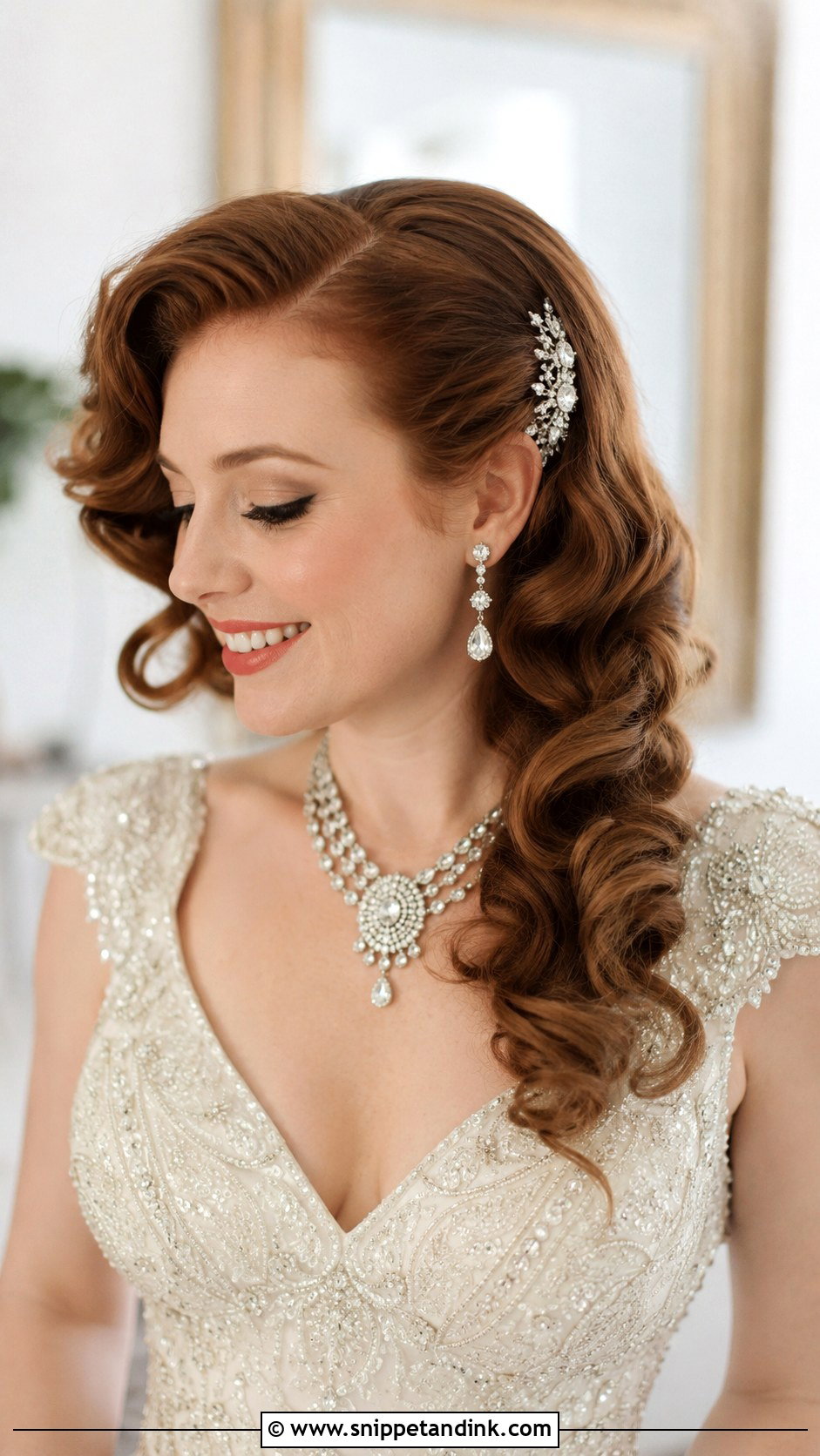Vintage Curls Swept to One Side - Snippet and Ink - 25 Long Bridal Hair Down Ideas