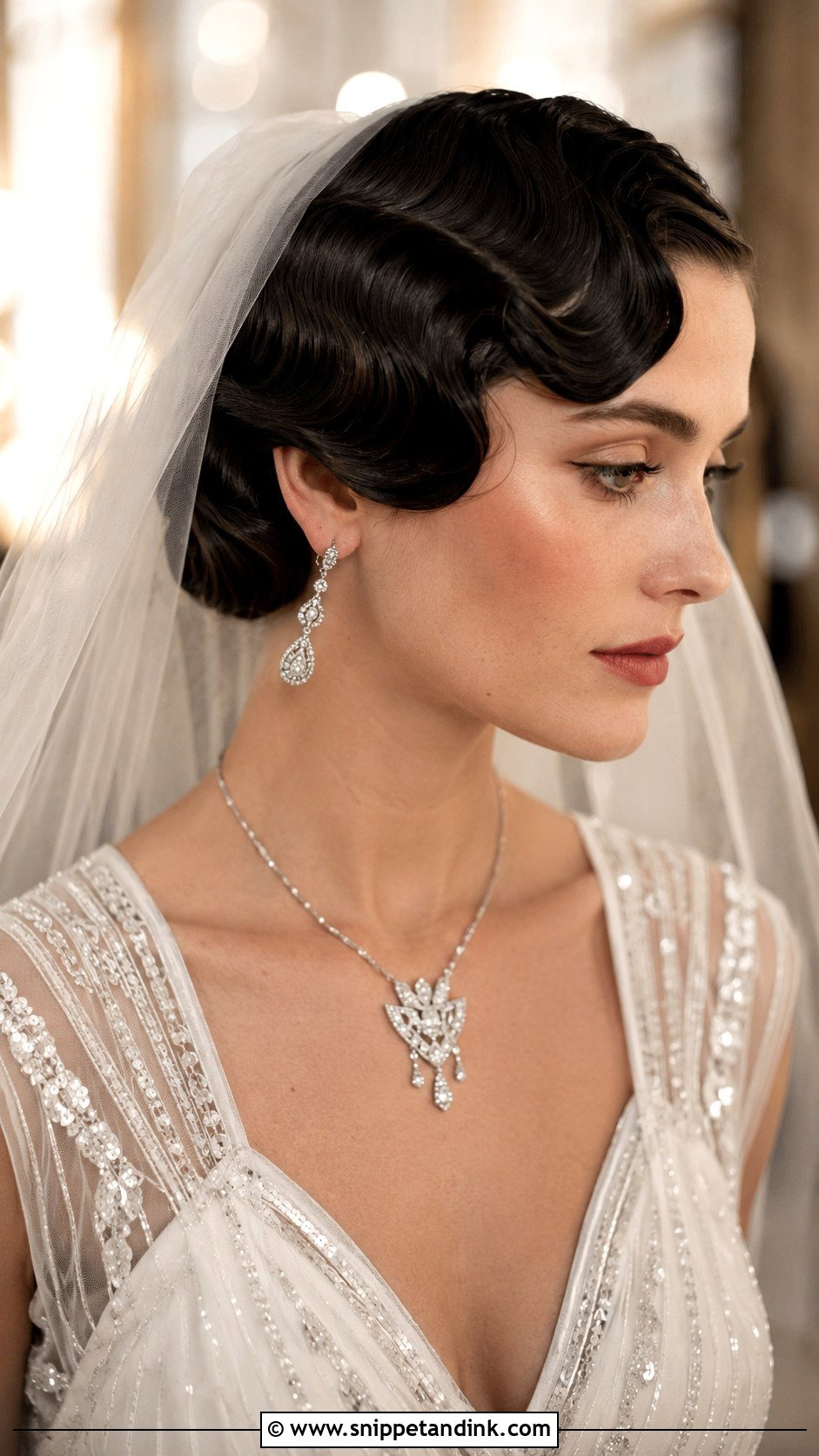 Vintage Finger Waves with Cathedral Veil - Snippet and Ink - 25 Cathedral Veil with Hair Down Ideas
