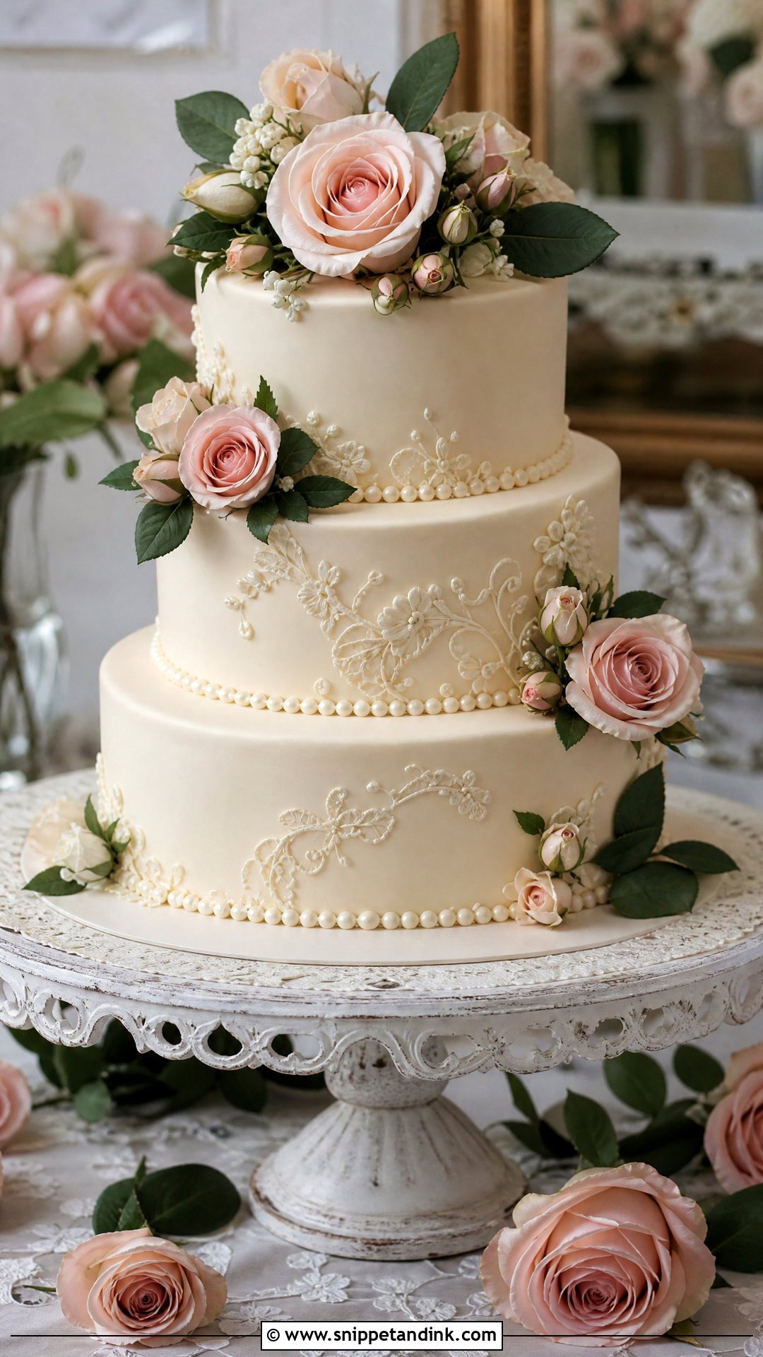 Vintage Floral Wedding Cake With Blush Roses - Snippet and Ink - 20 Vintage Floral Cake Ideas for Wedding