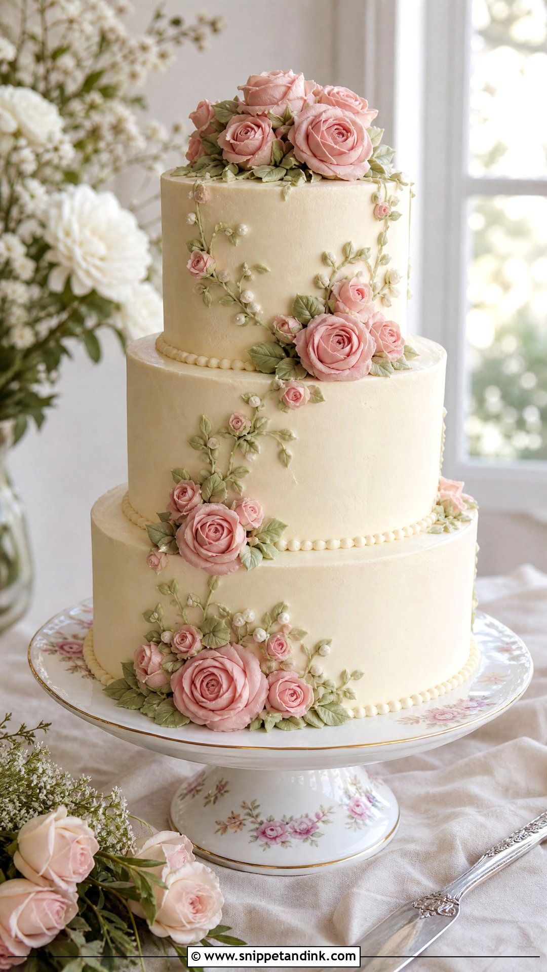 Vintage Floral Wedding Cake With Buttercream Roses - Snippet and Ink - 20 Vintage Floral Cake Ideas for Wedding