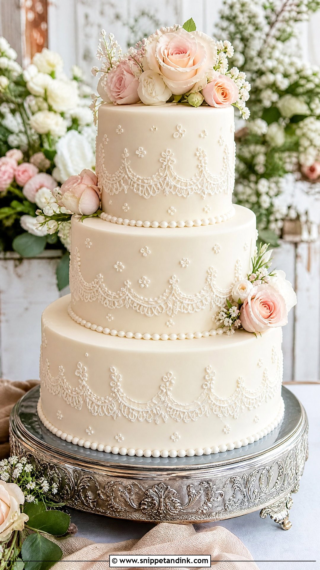 Vintage Floral Wedding Cake With Lace Piping - Snippet and Ink - 20 Vintage Floral Cake Ideas for Wedding