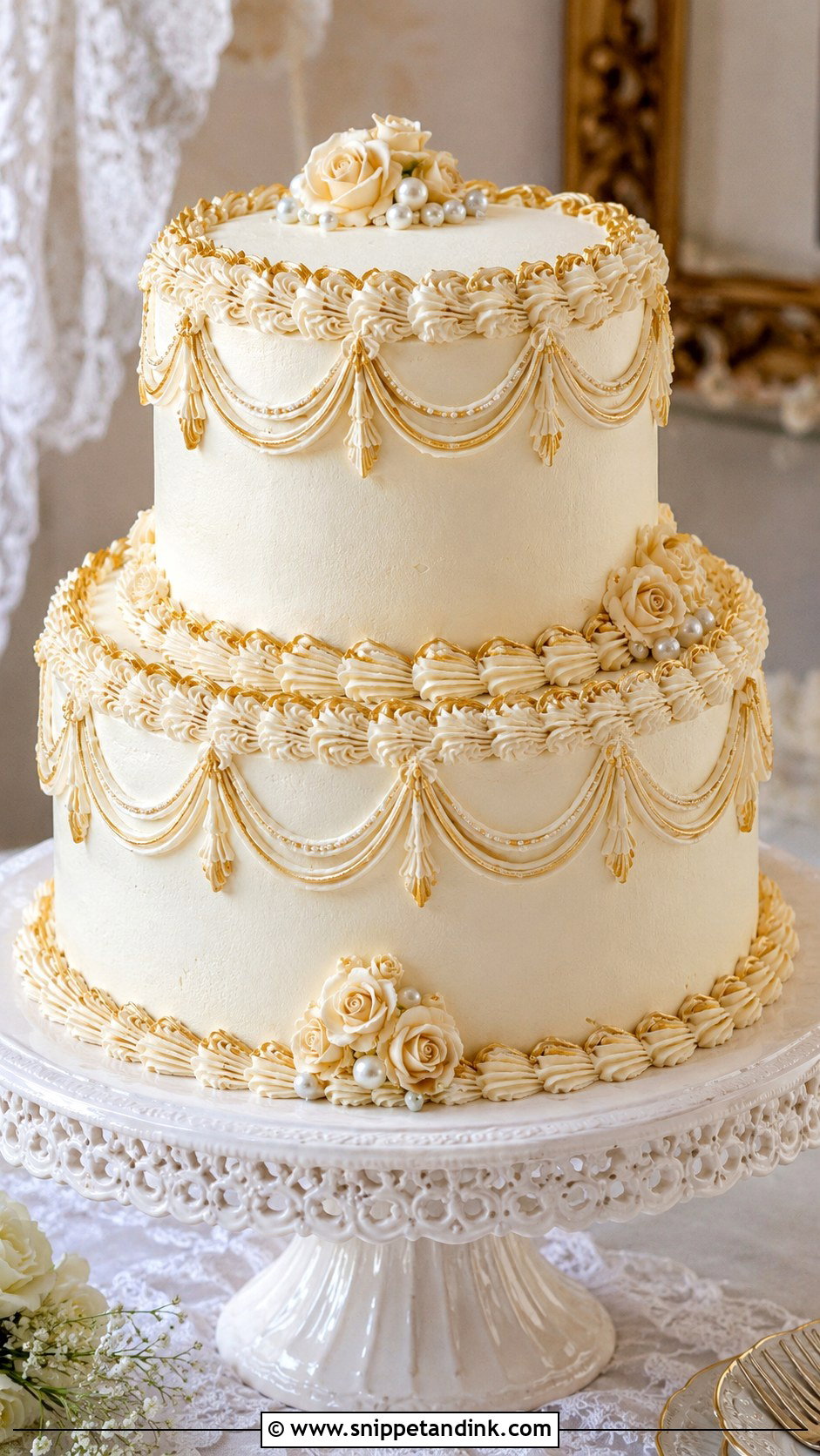 Vintage Gold Wedding Cake - Snippet and Ink - 20 Golden Cake Ideas for Wedding