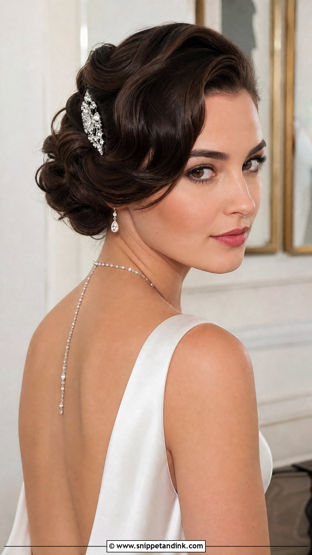 Vintage Hollywood Updo With Crystal Clip - Snippet and Ink - 20 Bridal Updo with Headpiece Ideas