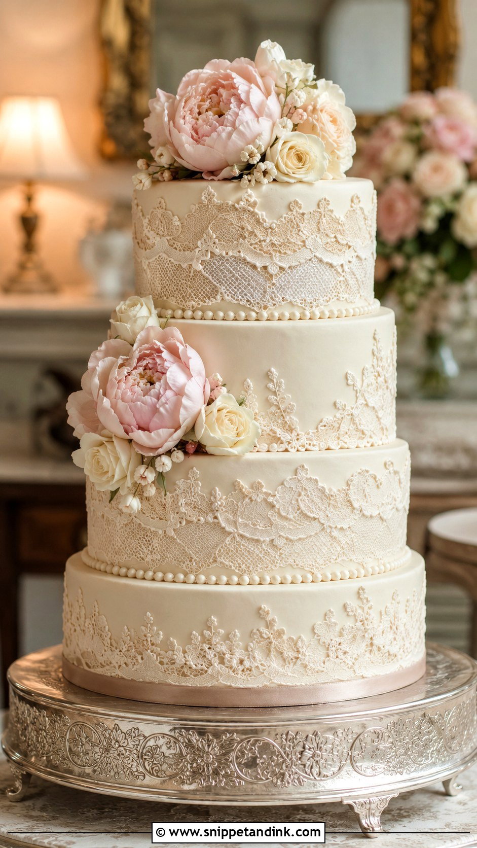 Vintage Lace Wedding Cake With Peonies - Snippet and Ink - 25 Lace Wedding Cake Ideas with Flowers