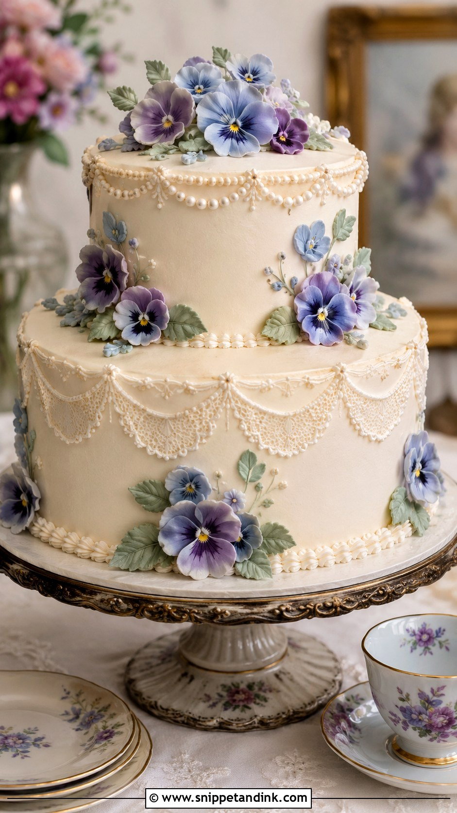 Vintage Pansy Wedding Cake - Snippet and Ink - 20 Pansy Wedding Cake Ideas