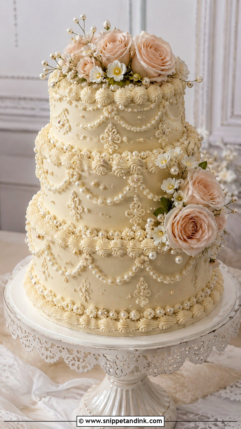 Vintage Pearl Wedding Cake With Flowers - Snippet and Ink - 30 Wedding Cake Ideas with Flowers and Pearls