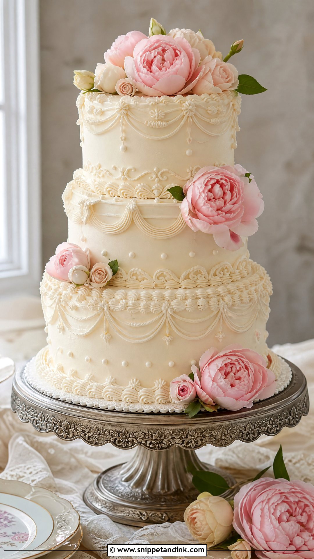 Vintage Peony Wedding Cake - Snippet and Ink - 25 Peony Cake Ideas for Wedding