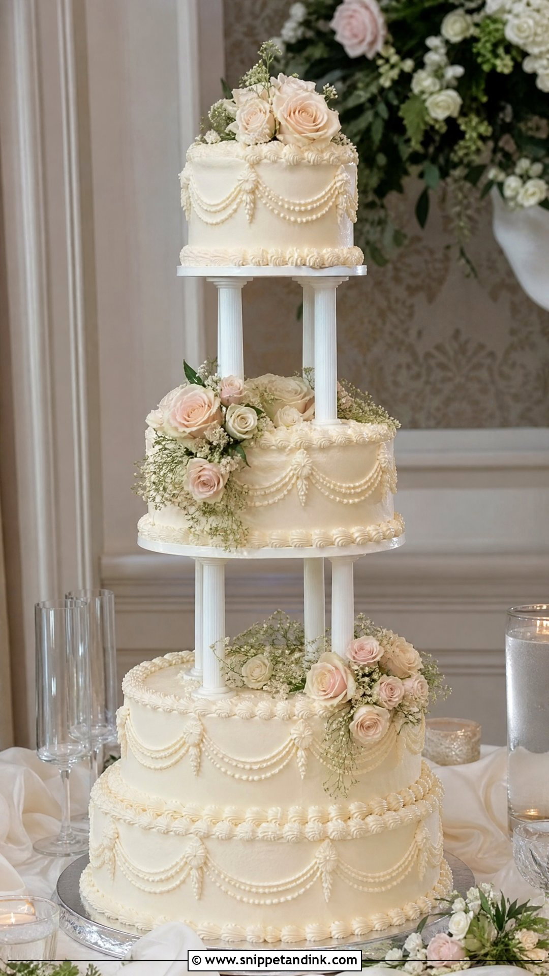 Vintage Pillar Wedding Cake - Snippet and Ink - 30 Vintage Wedding Cake Ideas
