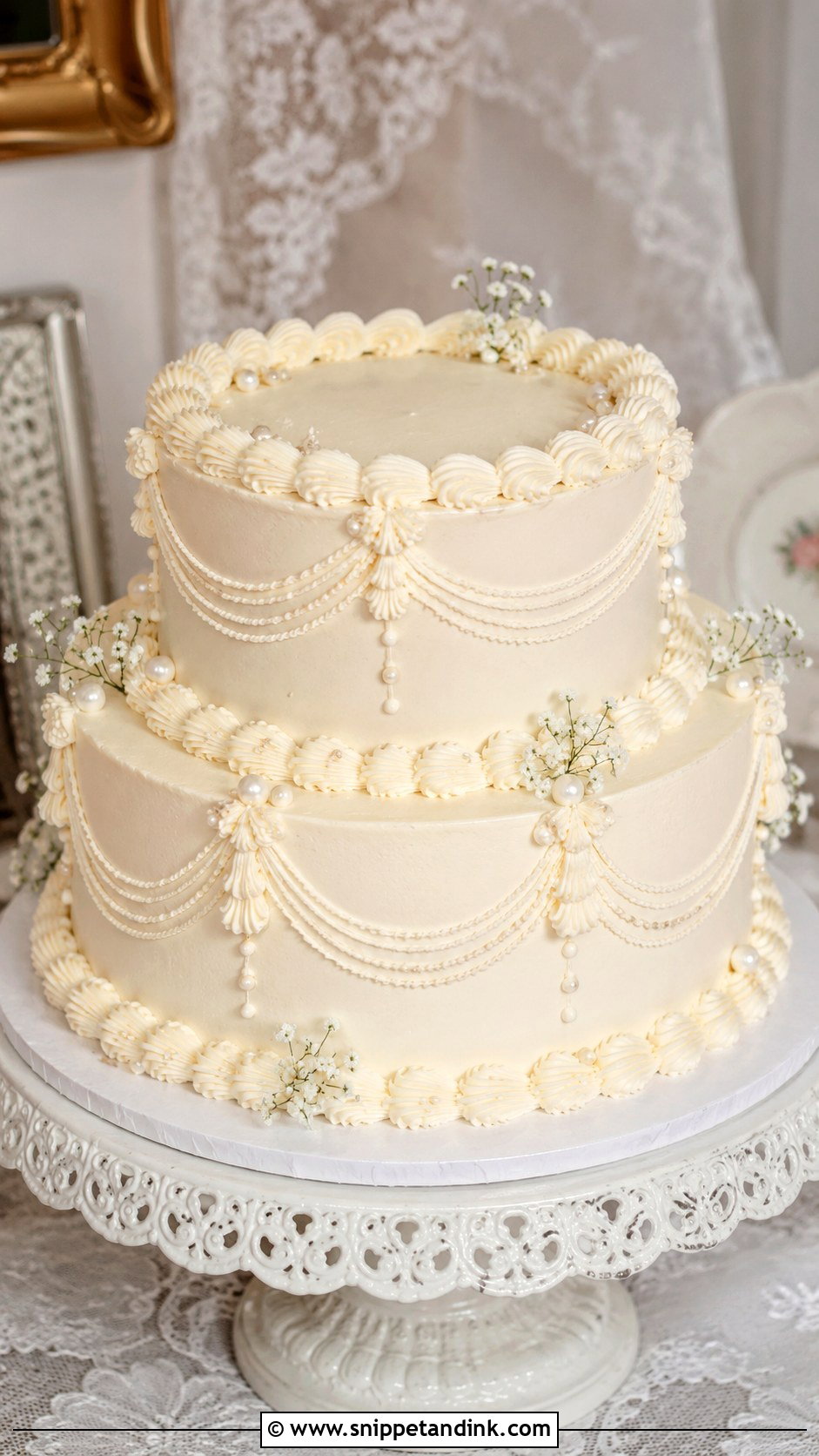 Vintage Piped Two Tier Buttercream Wedding Cake - Snippet and Ink - 30 Simple Buttercream Two Tier Wedding Cake Ideas