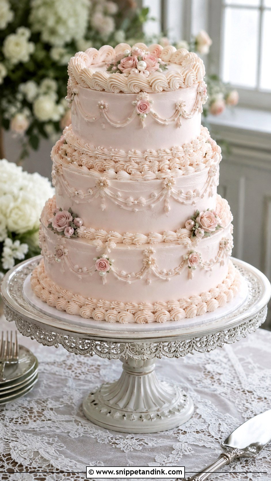 Vintage Piped Wedding Cake - Snippet and Ink - 30 Elegant Wedding Cake Ideas
