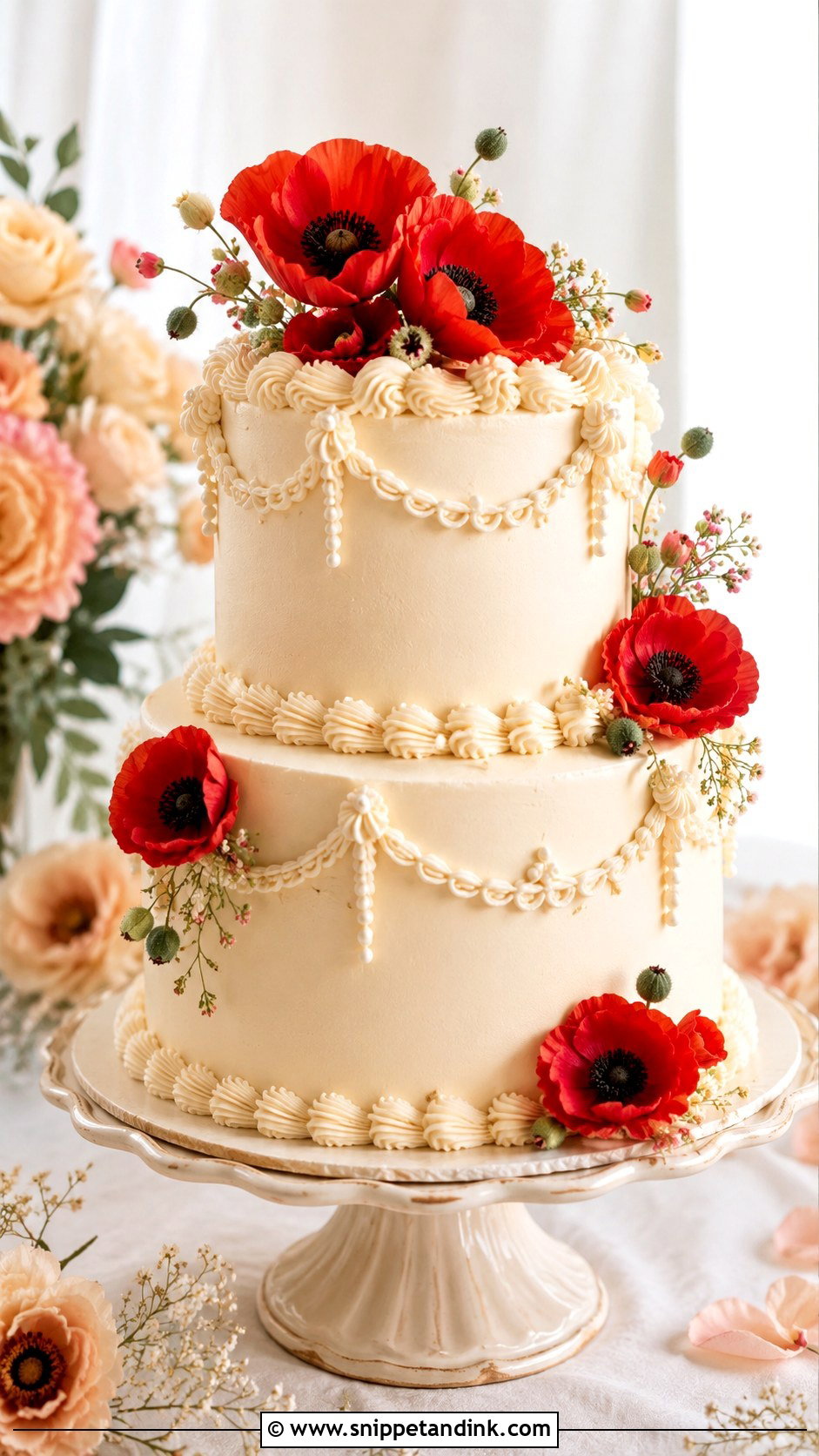 Vintage Poppy Wedding Cake - Snippet and Ink - 25 Wedding Cake Ideas with Poppies