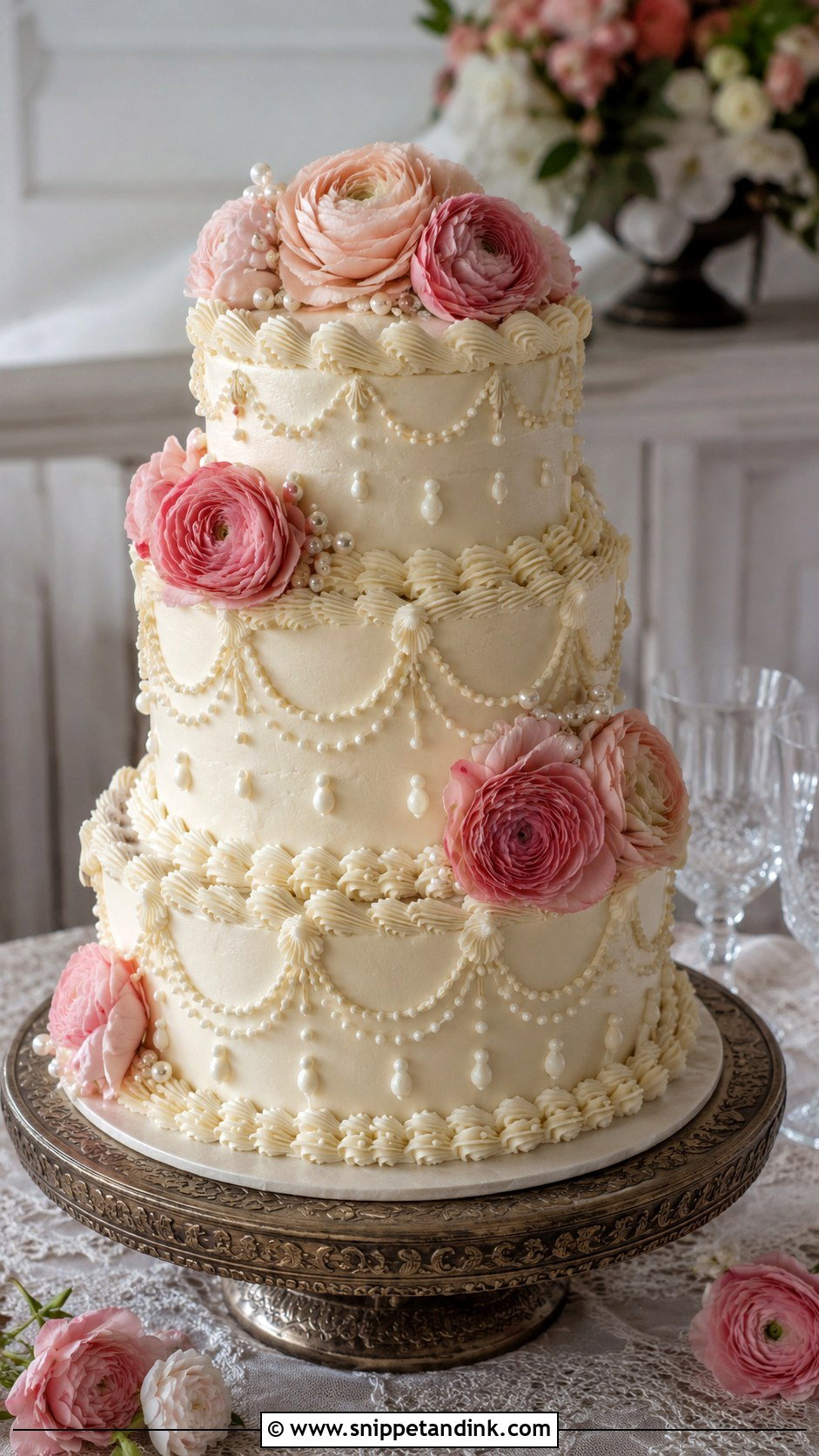 Vintage Ranunculus Wedding Cake - Snippet and Ink - 25 Wedding Cake Ideas with Ranunculus