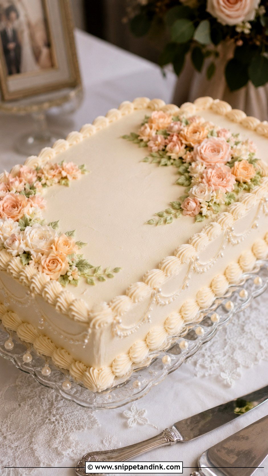 Vintage Rectangle Wedding Cake With Piped Flowers - Snippet and Ink - 20 Rectangle Cake Ideas with Flowers for Wedding