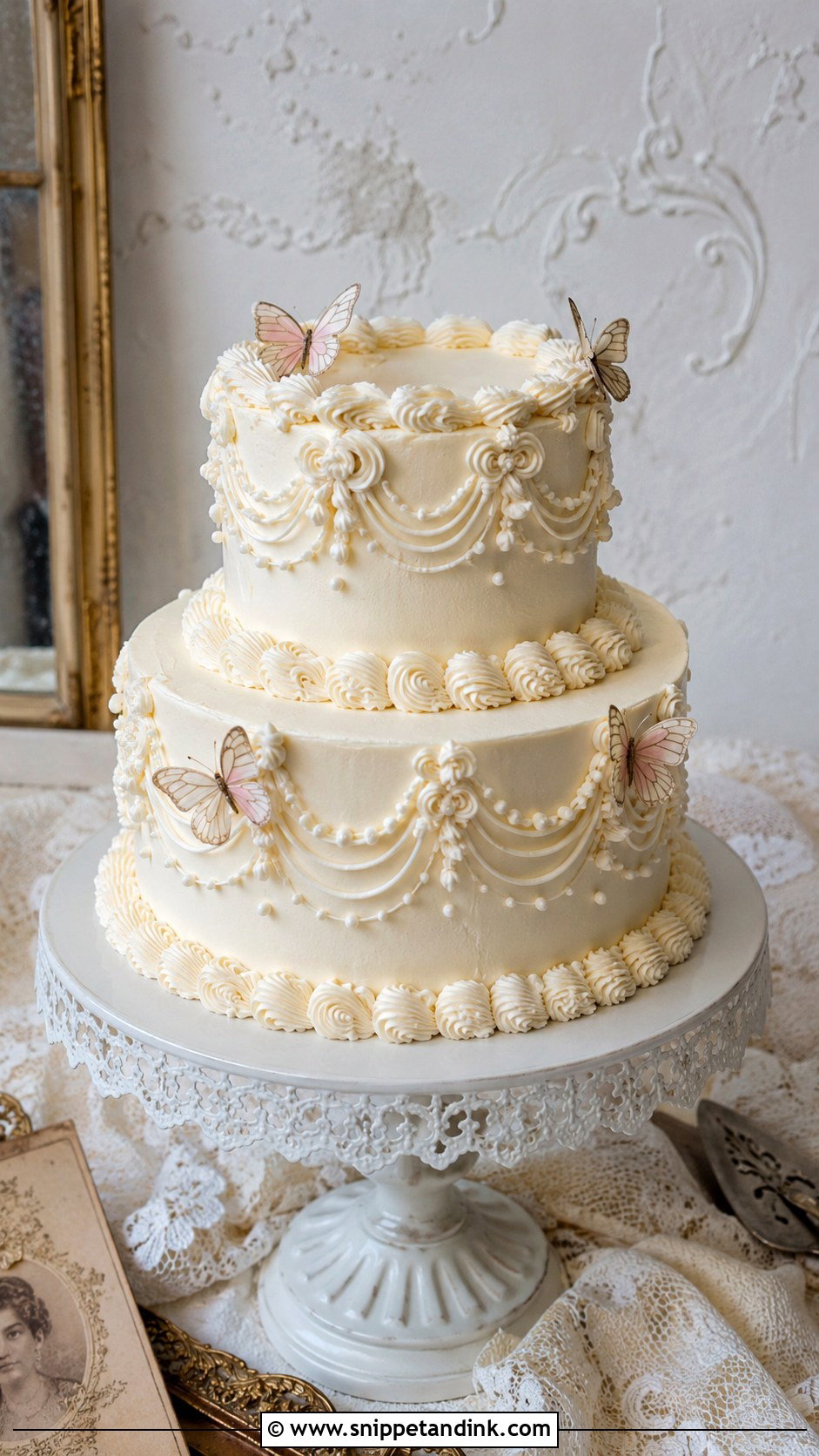 Vintage Two Tier Butterfly Wedding Cake - Snippet and Ink - 20 Two Tier Butterfly Cake Ideas for Wedding