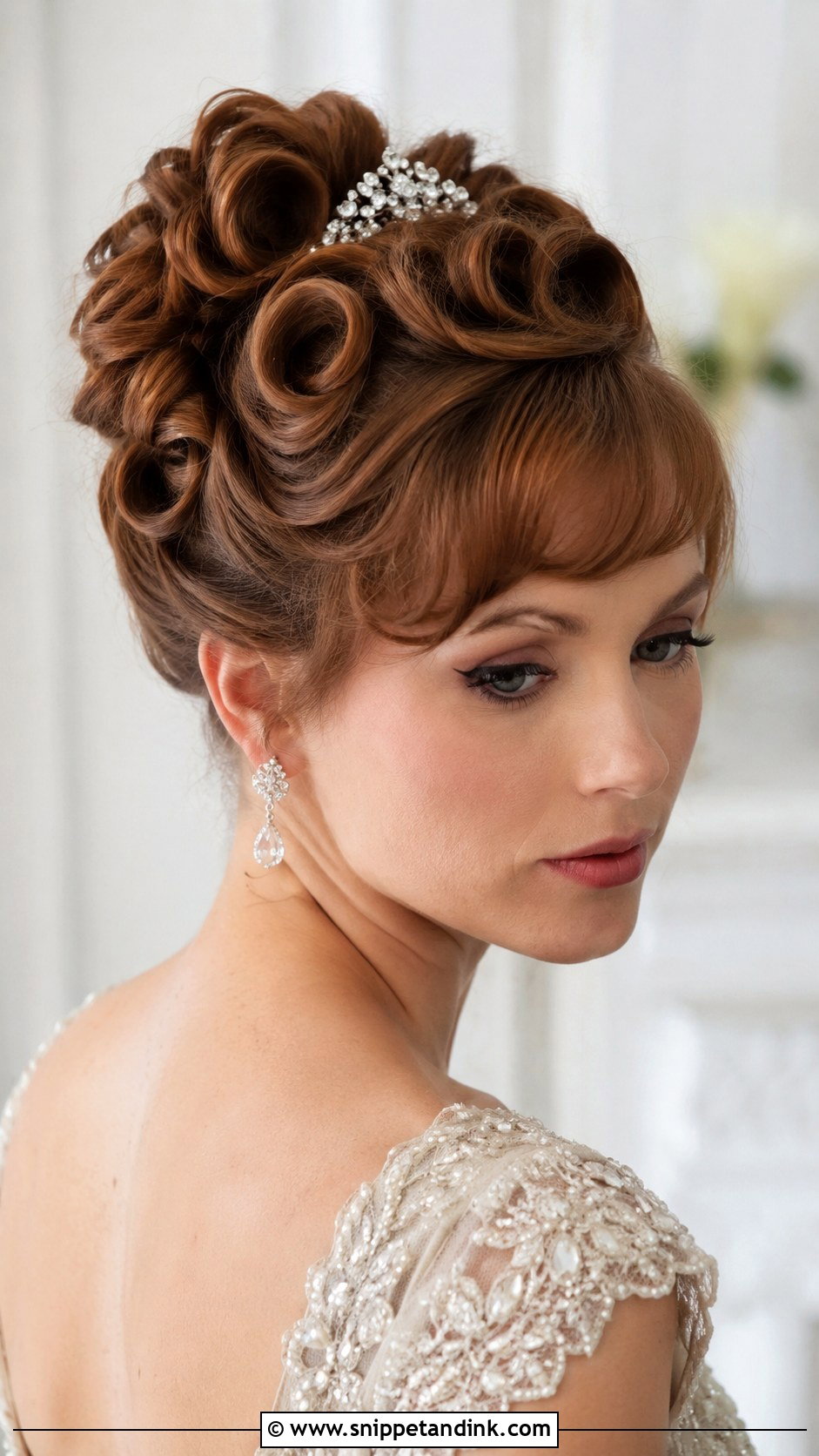 Vintage Updo With Pin Curls and Bangs - Snippet and Ink - 25 Wedding Hairstyles with Bangs