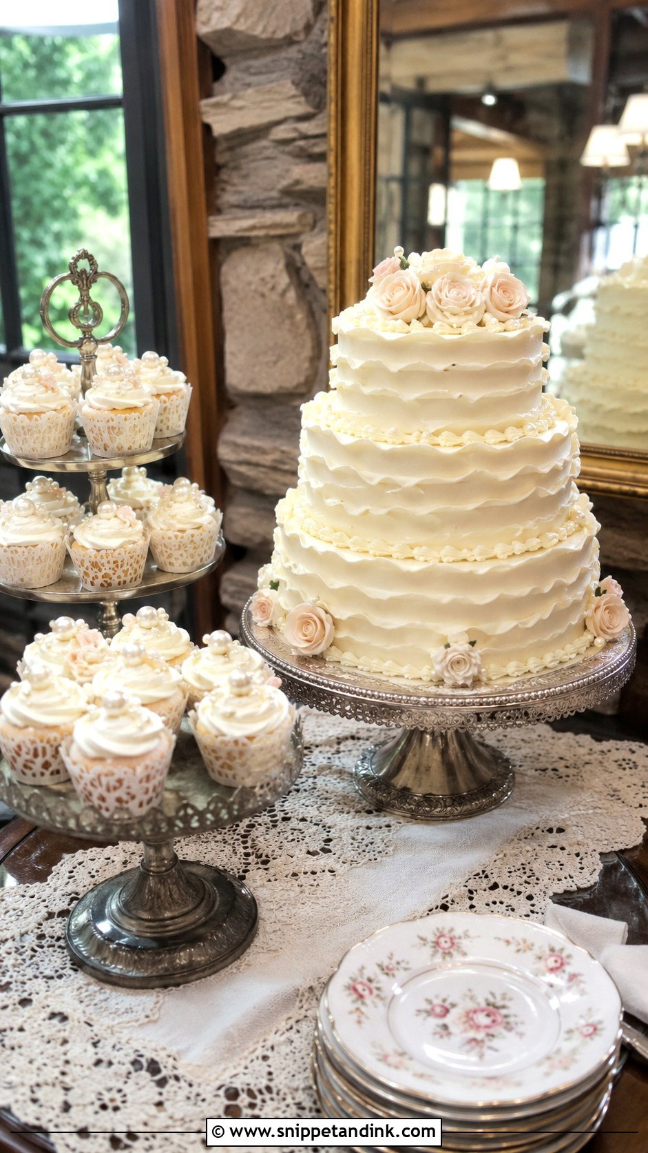 Vintage Wedding Cake Table With Cupcakes - Snippet and Ink - 20 Wedding Cake Table Ideas with Cupcakes